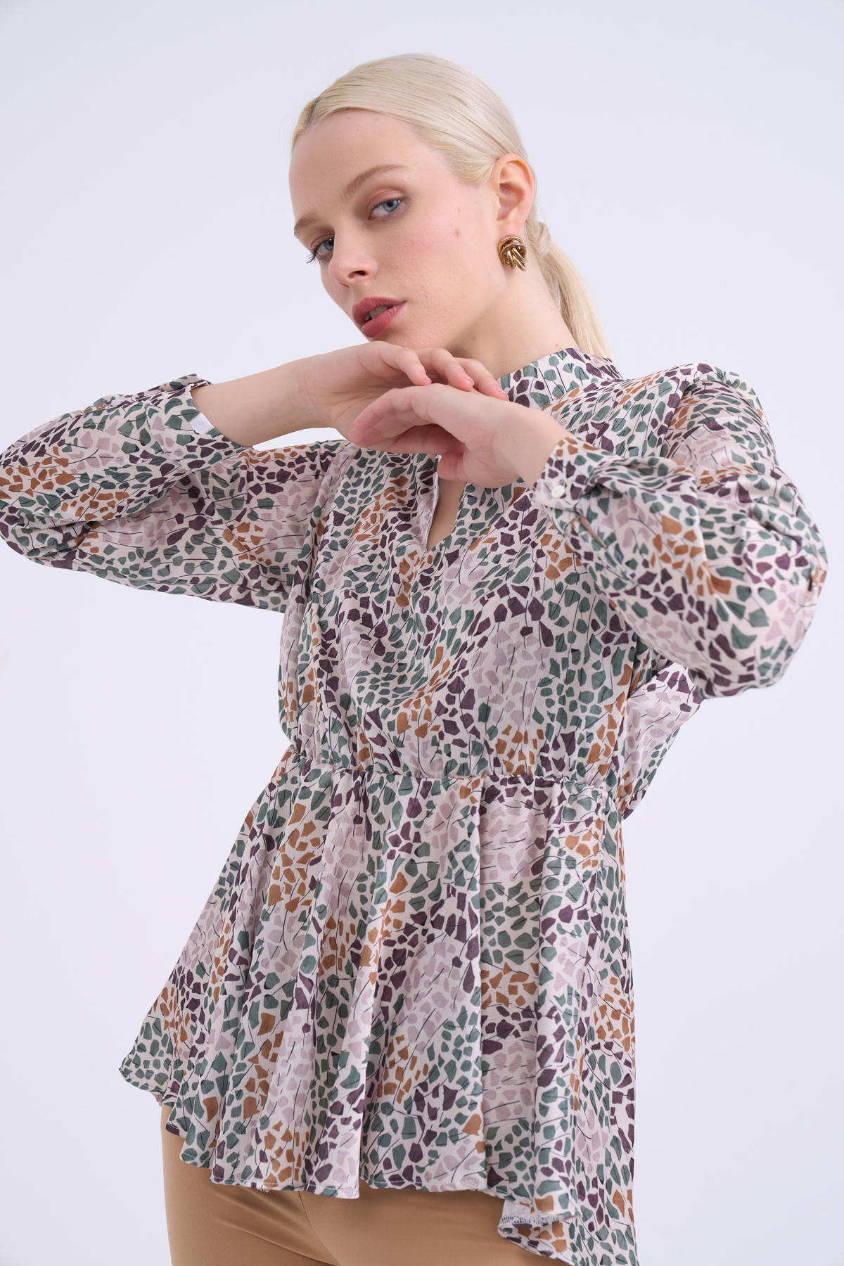 Collar detailed patterned blouse - GREEN ALMOND