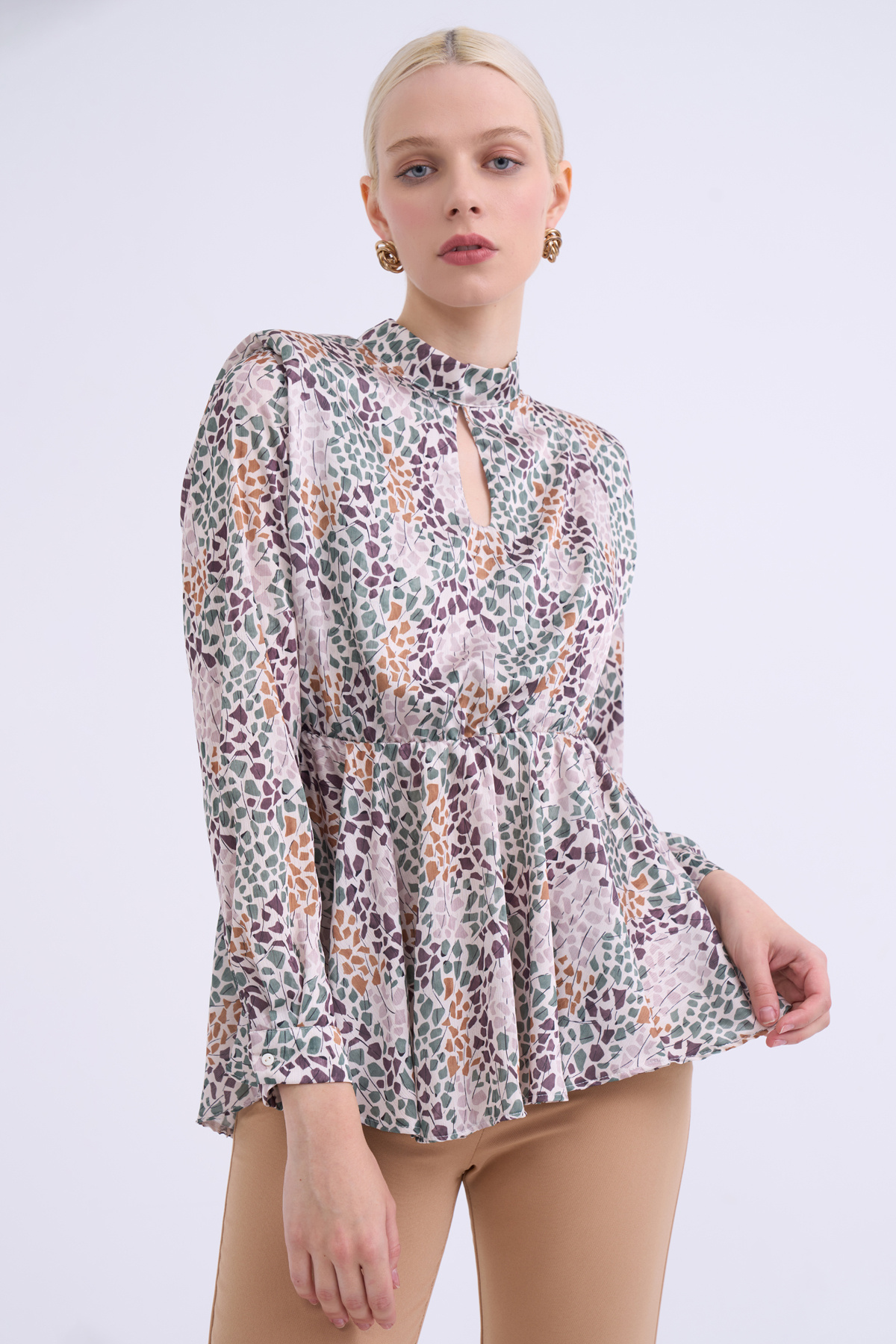 Collar detailed patterned blouse - GREEN ALMOND
