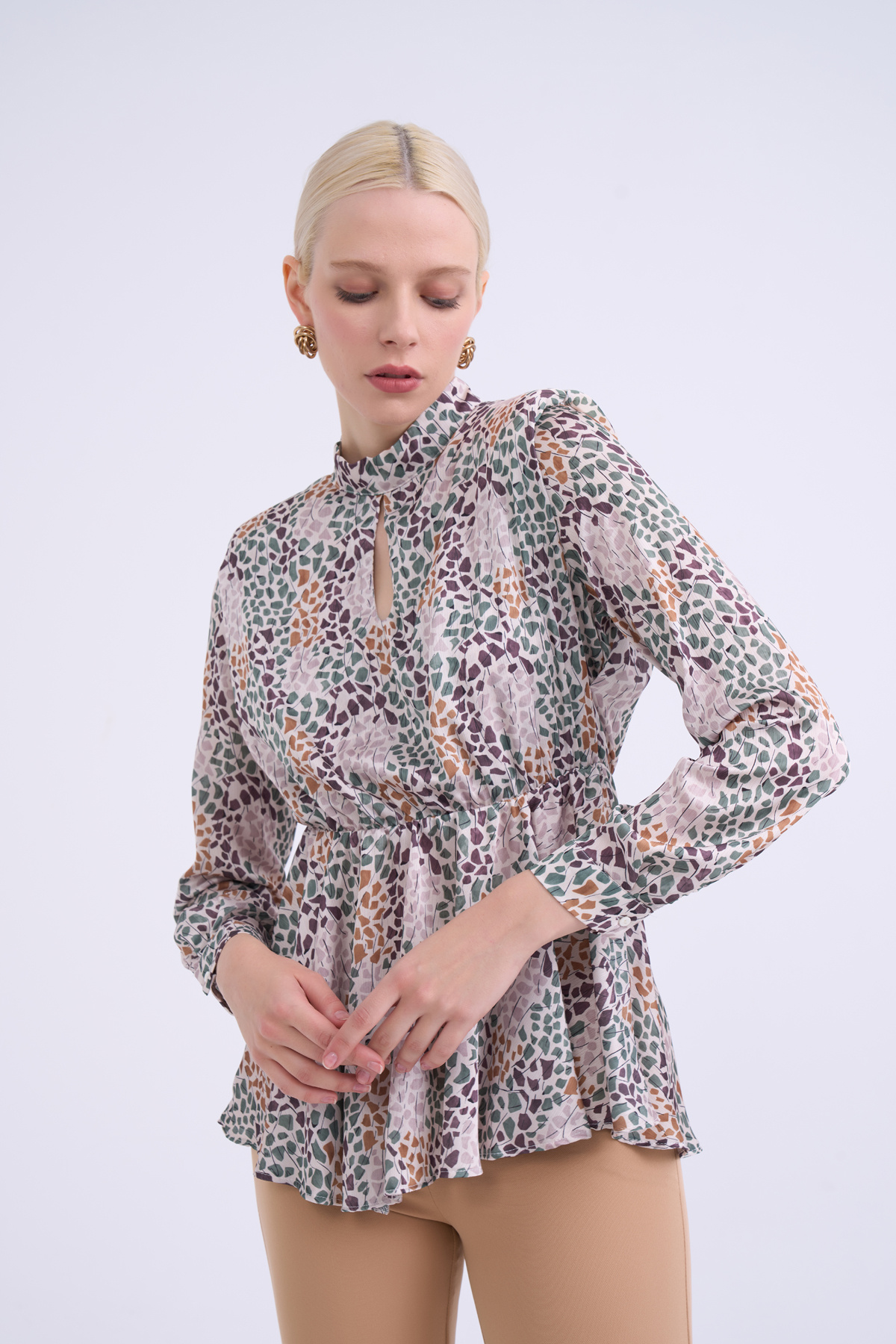 Collar detailed patterned blouse - GREEN ALMOND