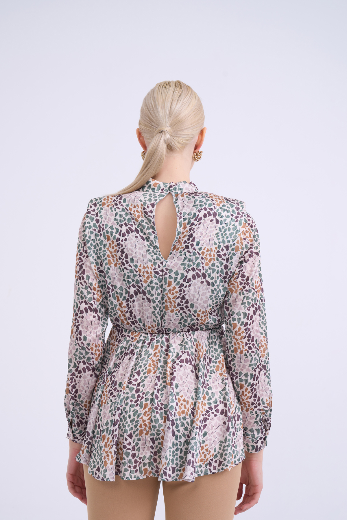 Collar detailed patterned blouse - GREEN ALMOND