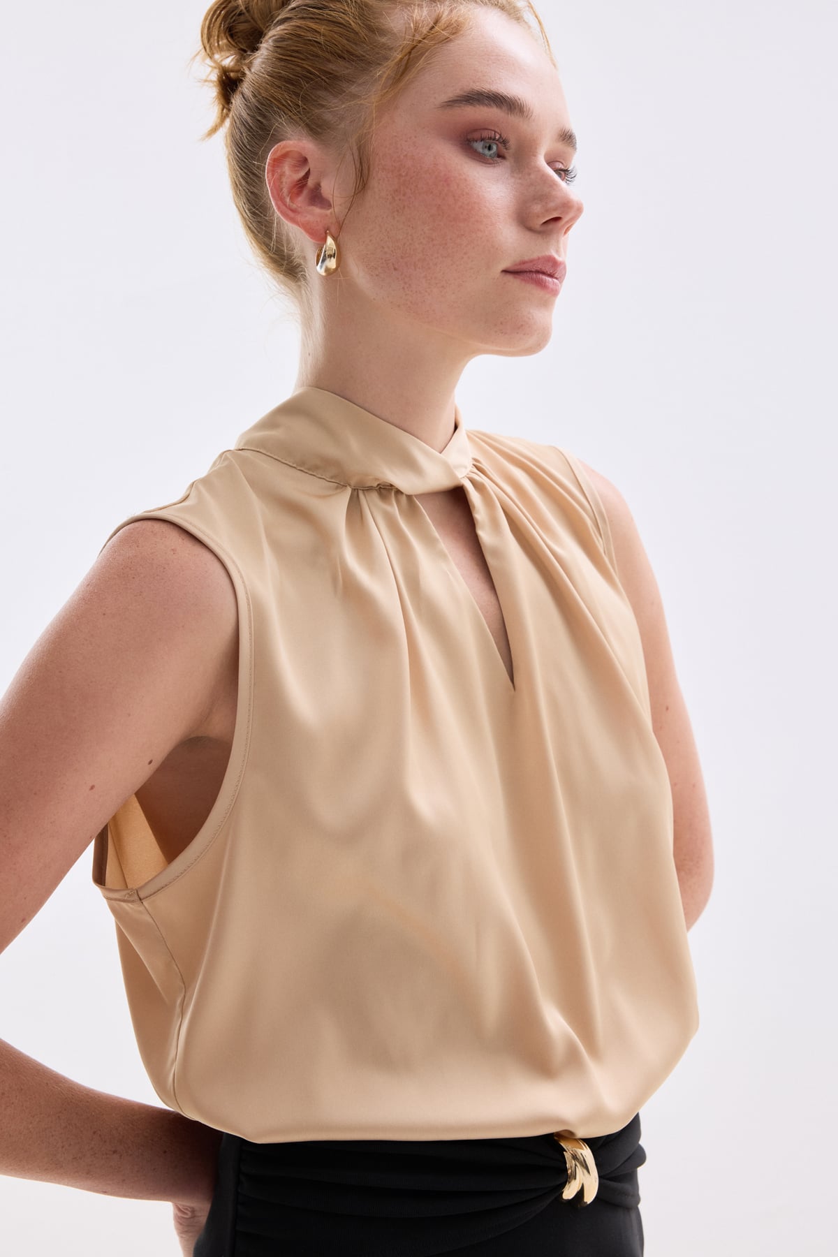 Collar Detailed Satin Blouse - Camel