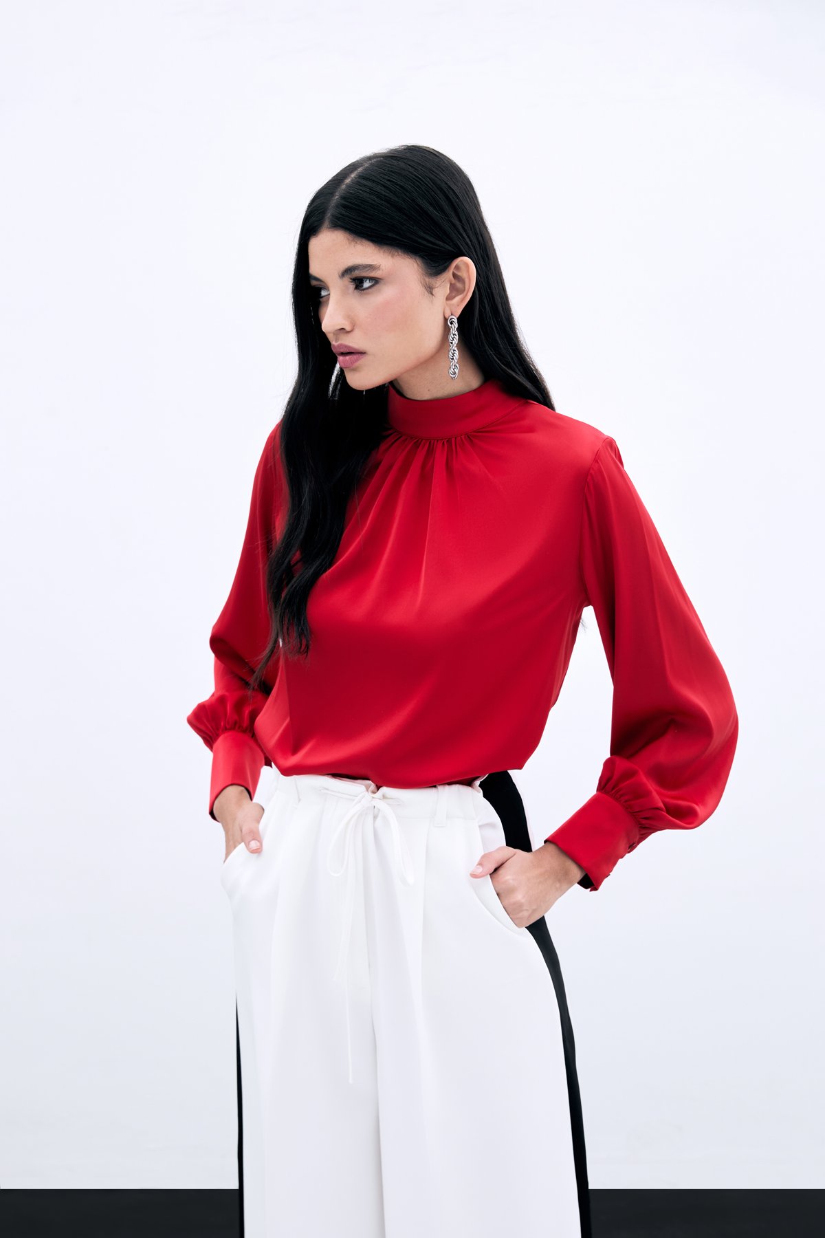 Collar Detailed Satin Blouse - Red