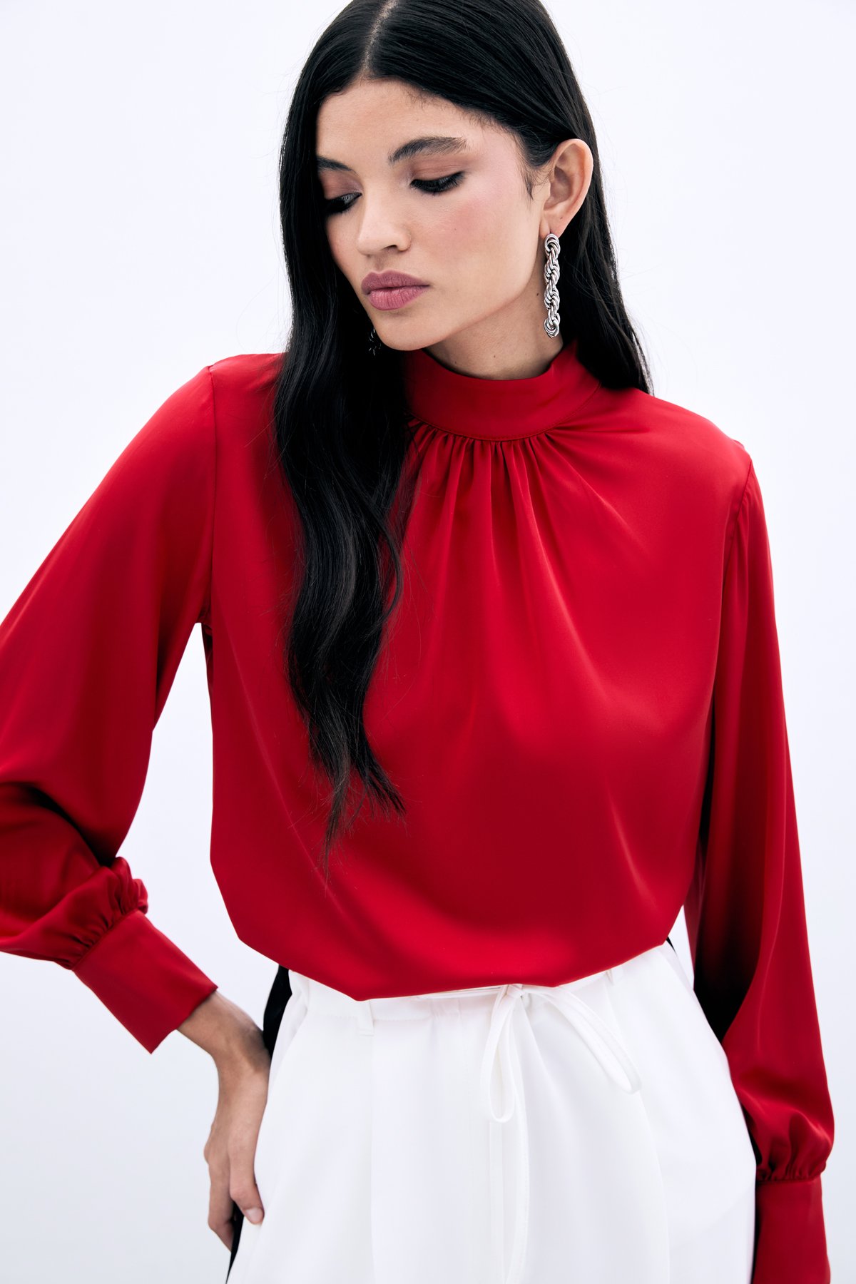 Collar Detailed Satin Blouse - Red