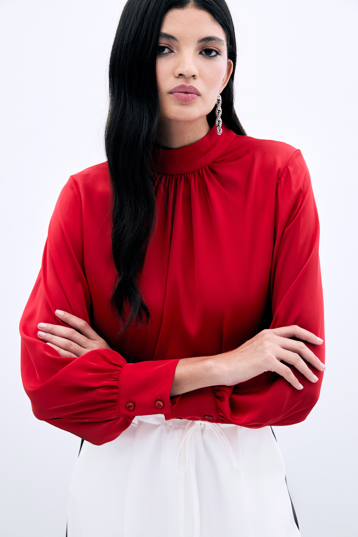 Collar Detailed Satin Blouse - Red