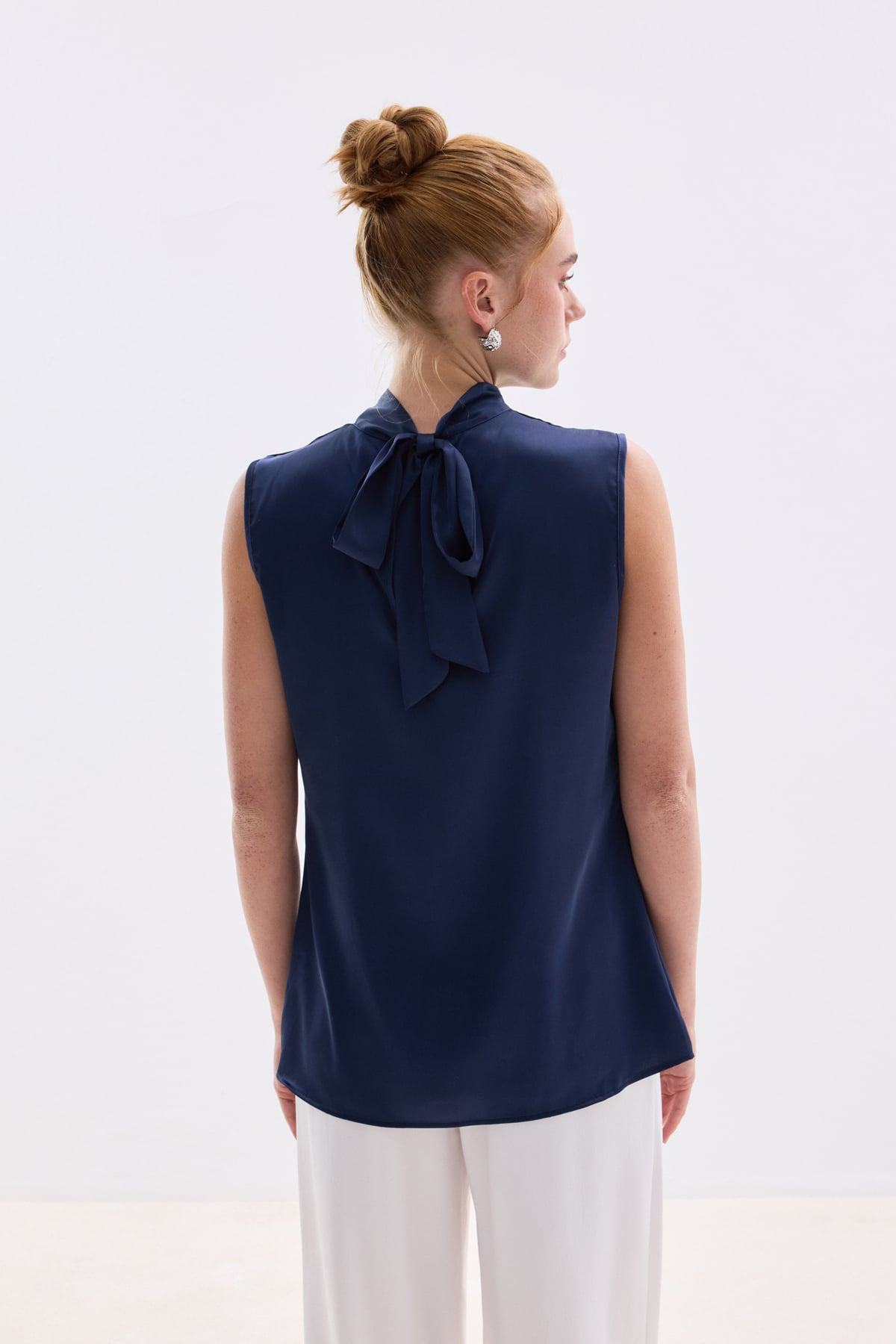 Collar Detailed Satin Blouse - Blue