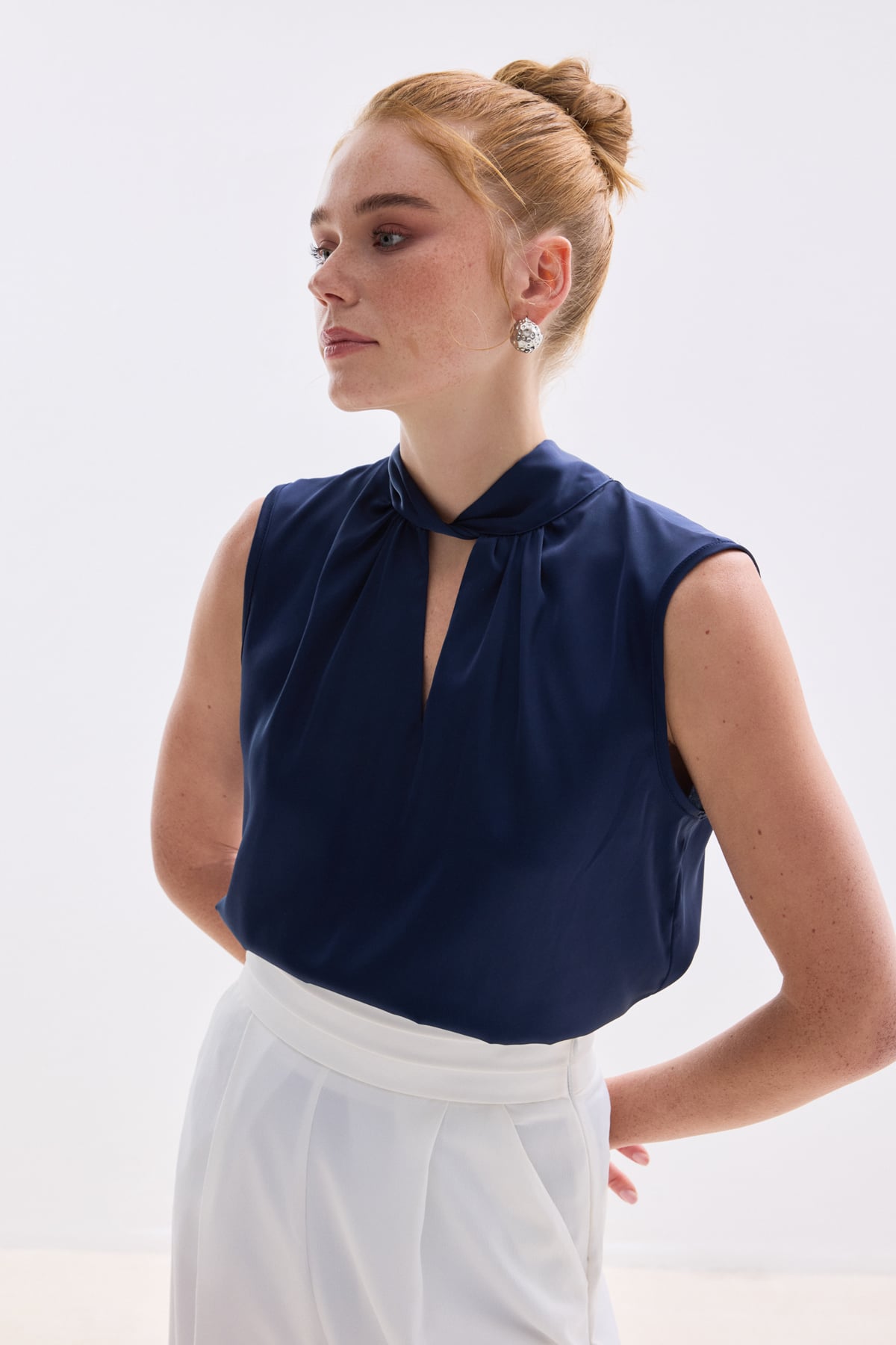 Collar Detailed Satin Blouse - Blue