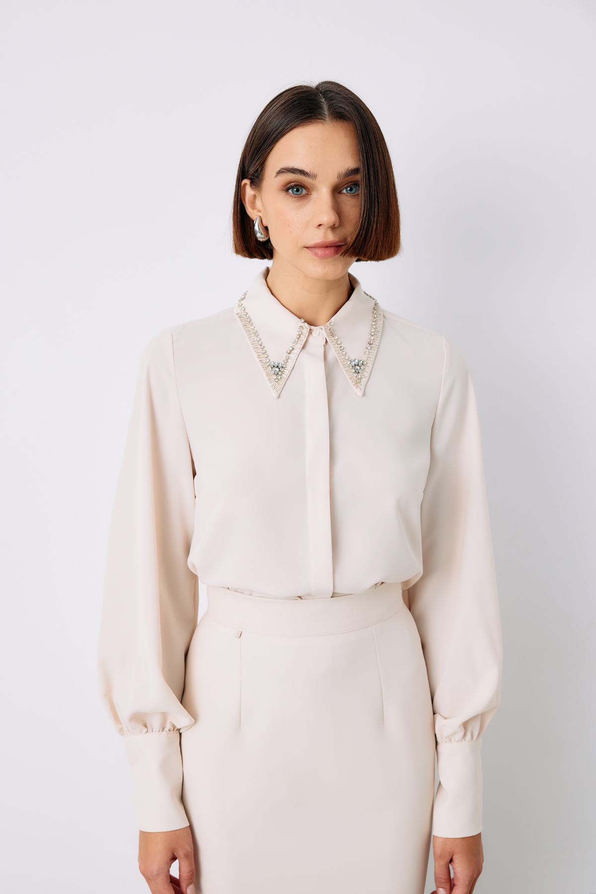 Yaka İşlemeli Gömlek - BEJ