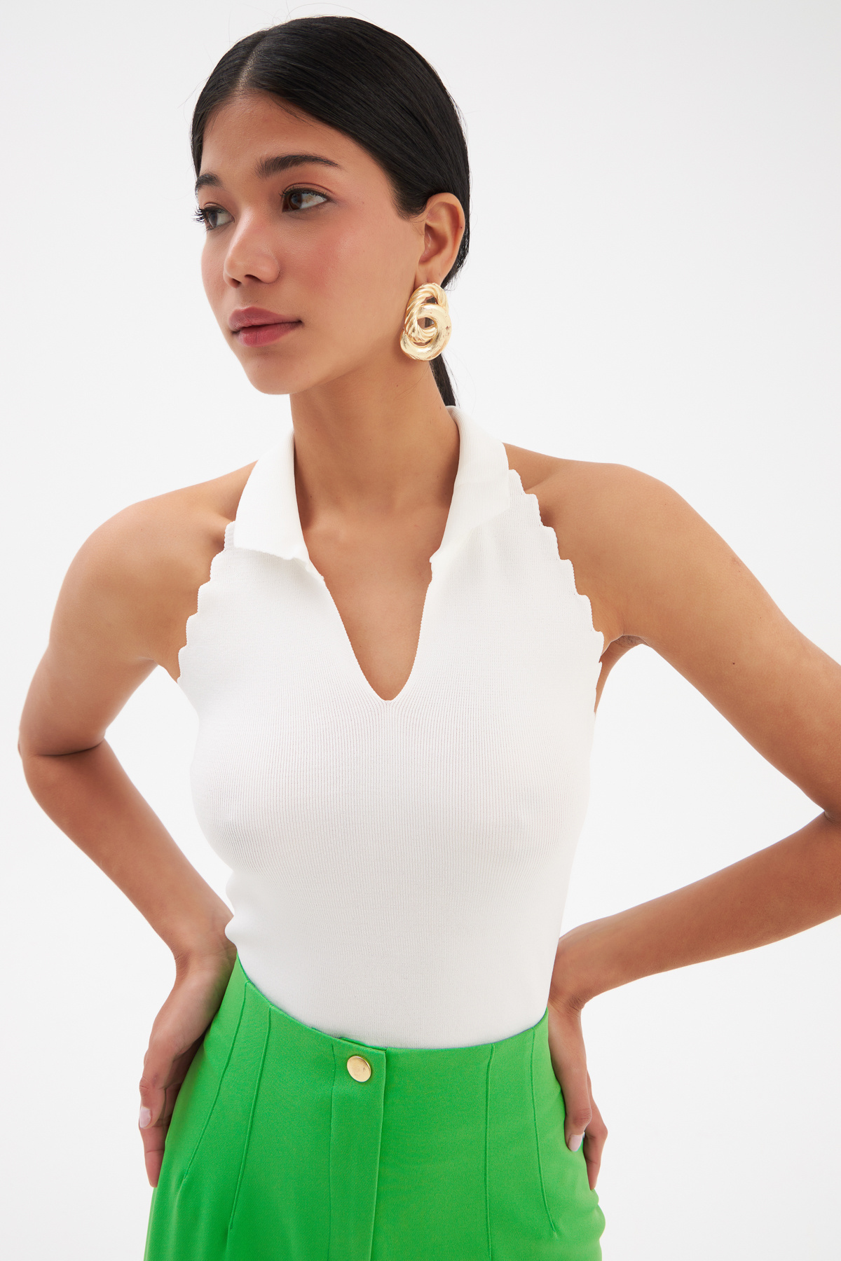 Collar Sleeveless Knitwear Blouse - ECRU