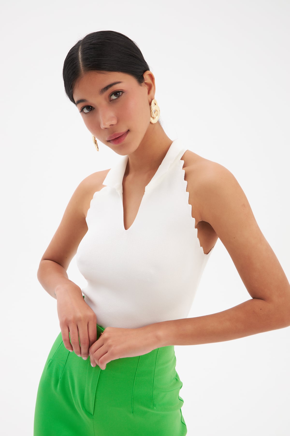 Collar Sleeveless Knitwear Blouse - ECRU