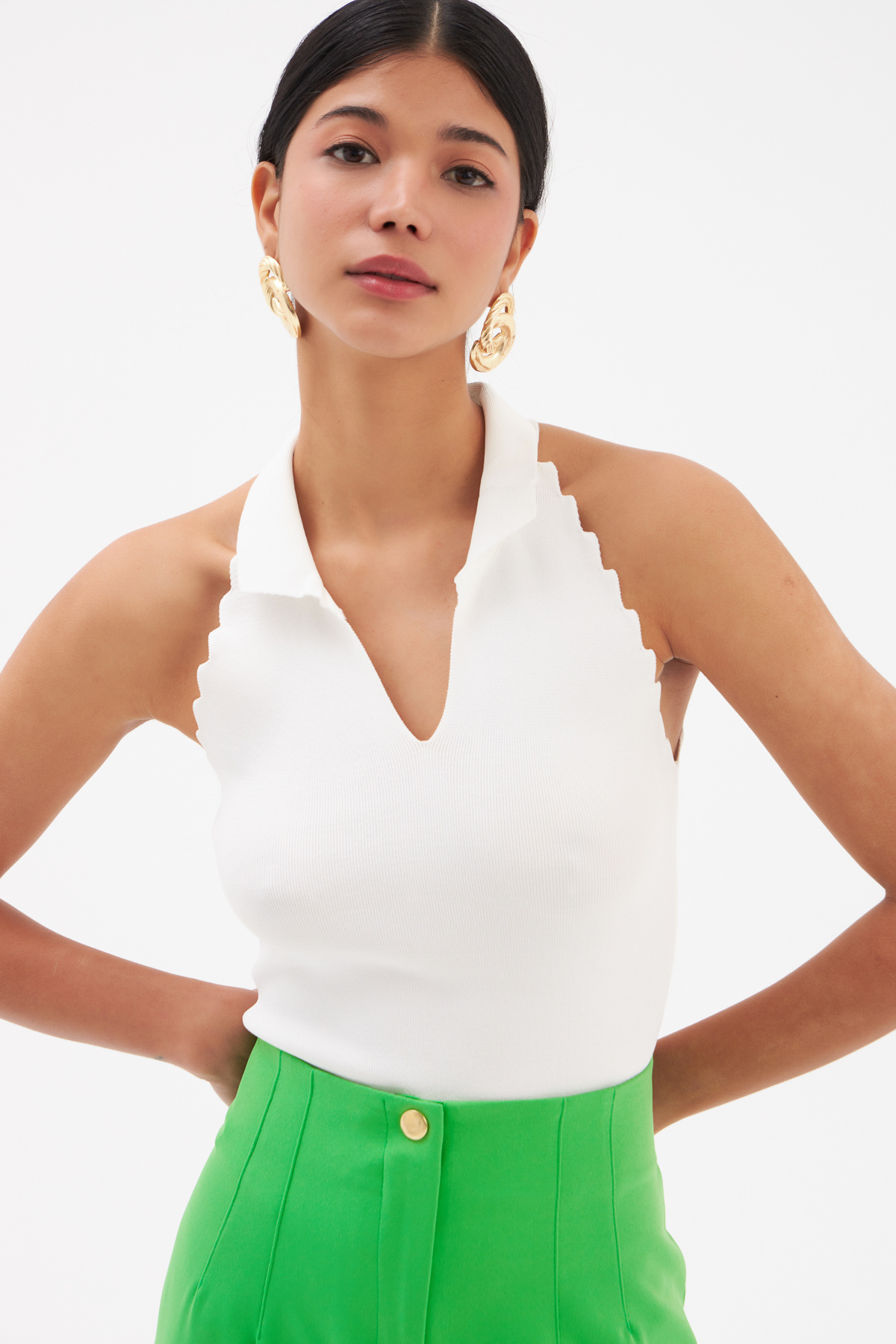 Collar Sleeveless Knitwear Blouse - ECRU
