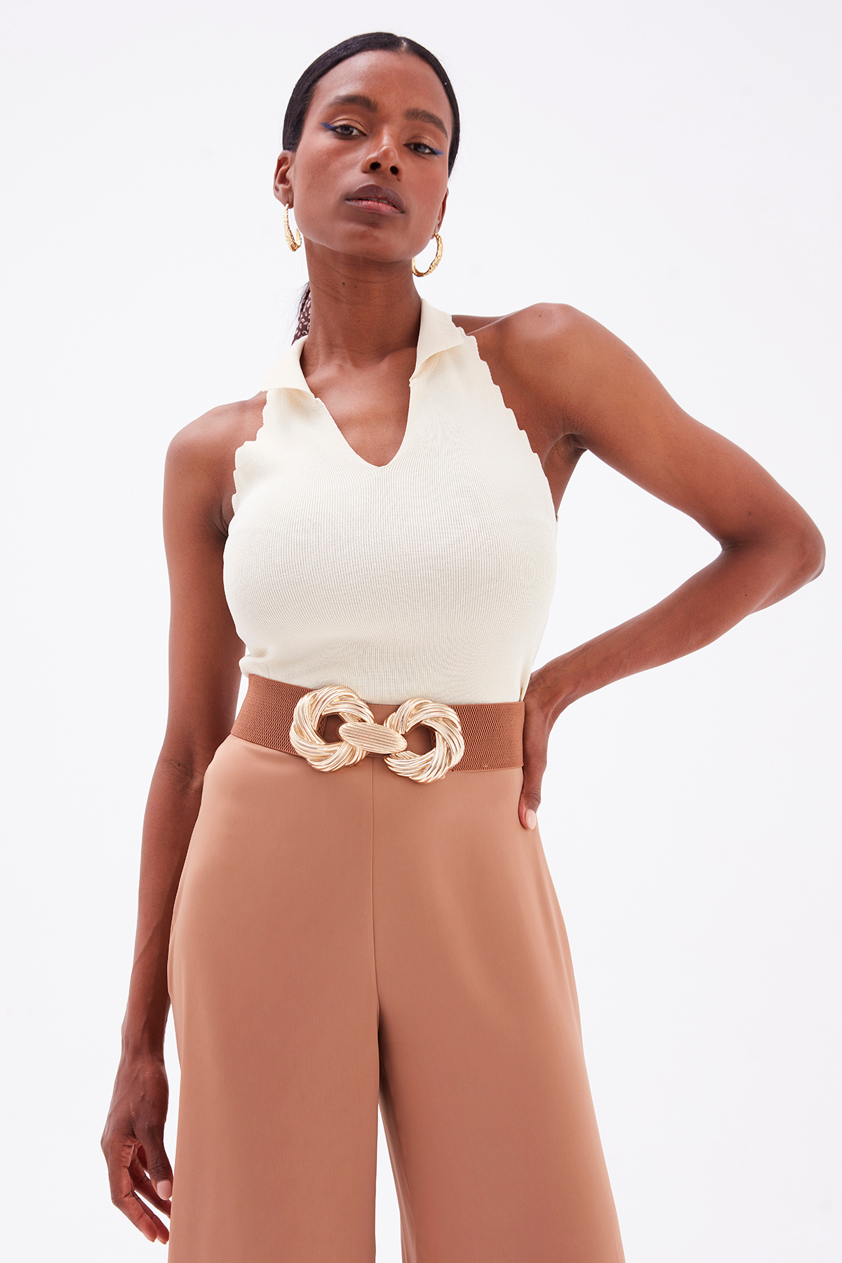 Collar Sleeveless Knitwear Blouse - STONE