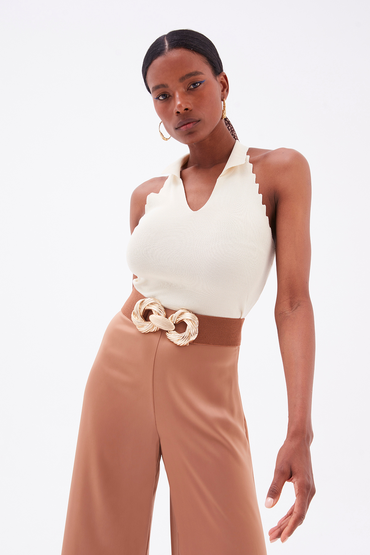 Collar Sleeveless Knitwear Blouse - STONE