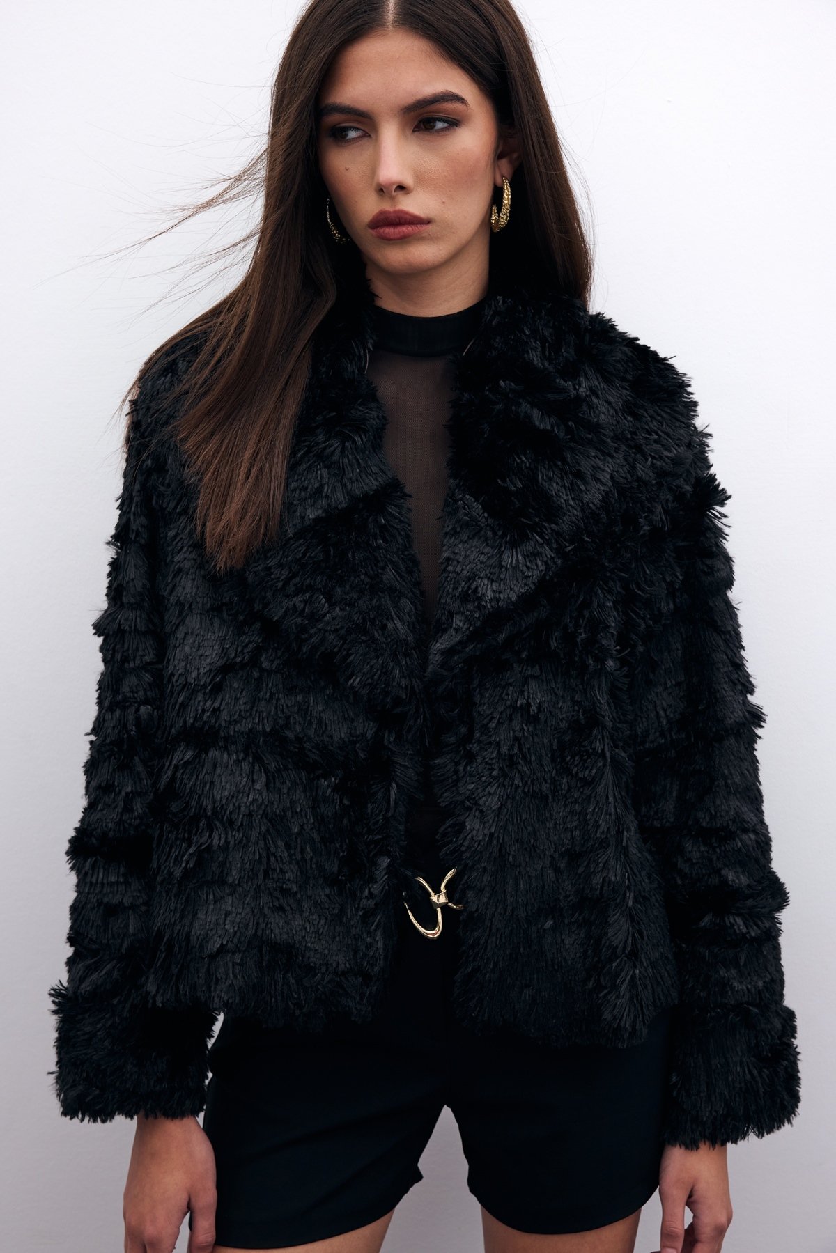 Yakalı Peluş Ceket - Siyah
