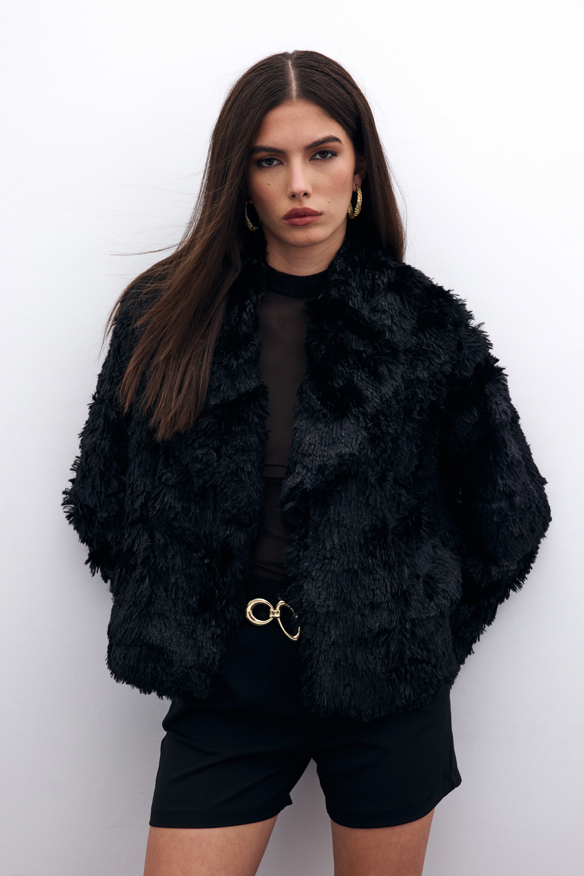 Yakalı Peluş Ceket - Siyah