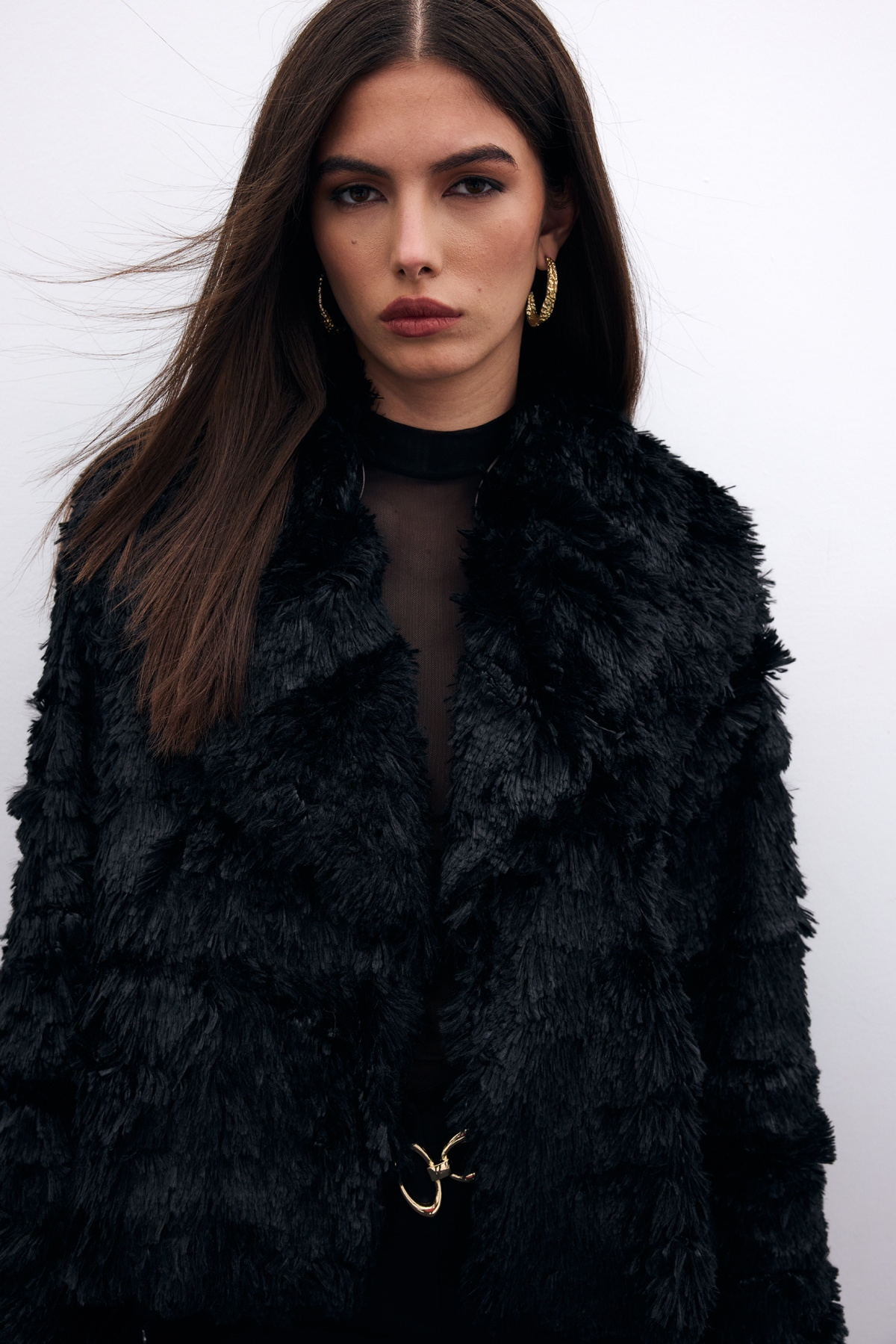 Yakalı Peluş Ceket - Siyah