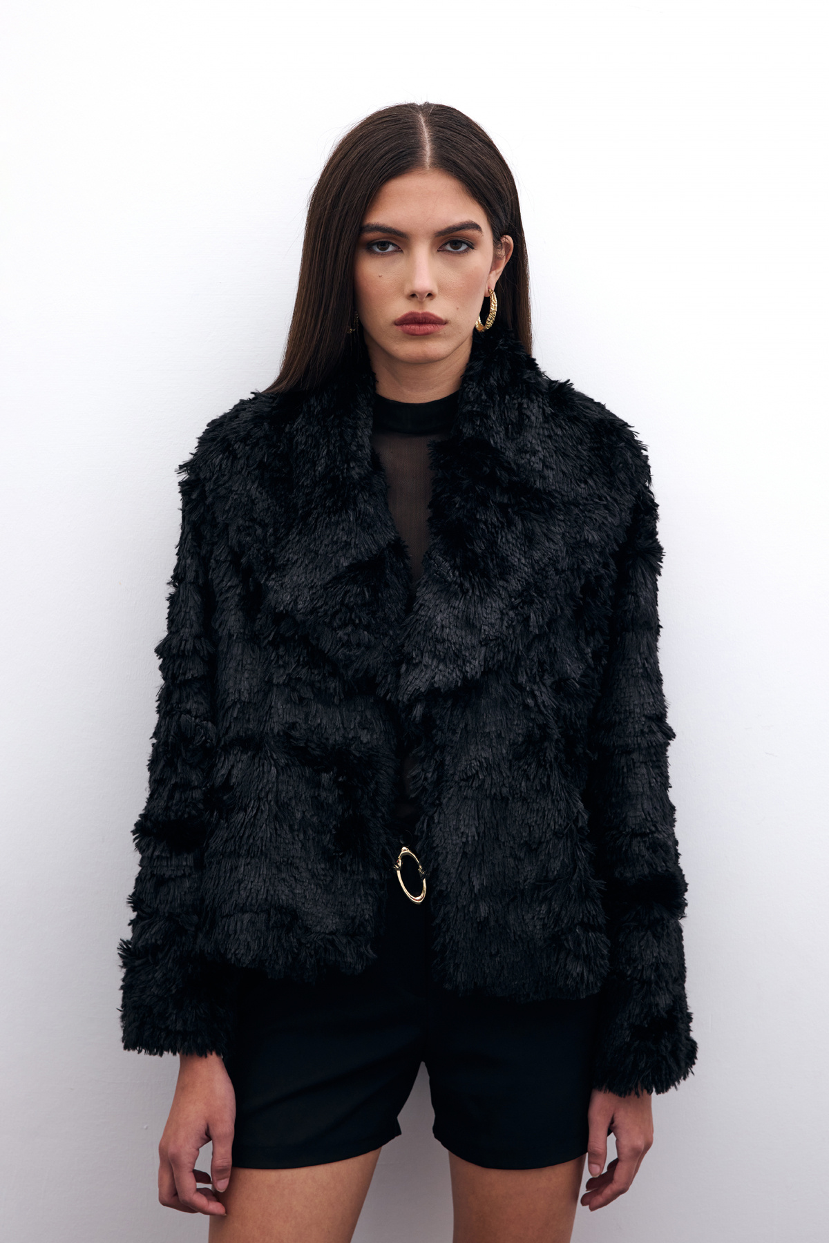 Yakalı Peluş Ceket - Siyah