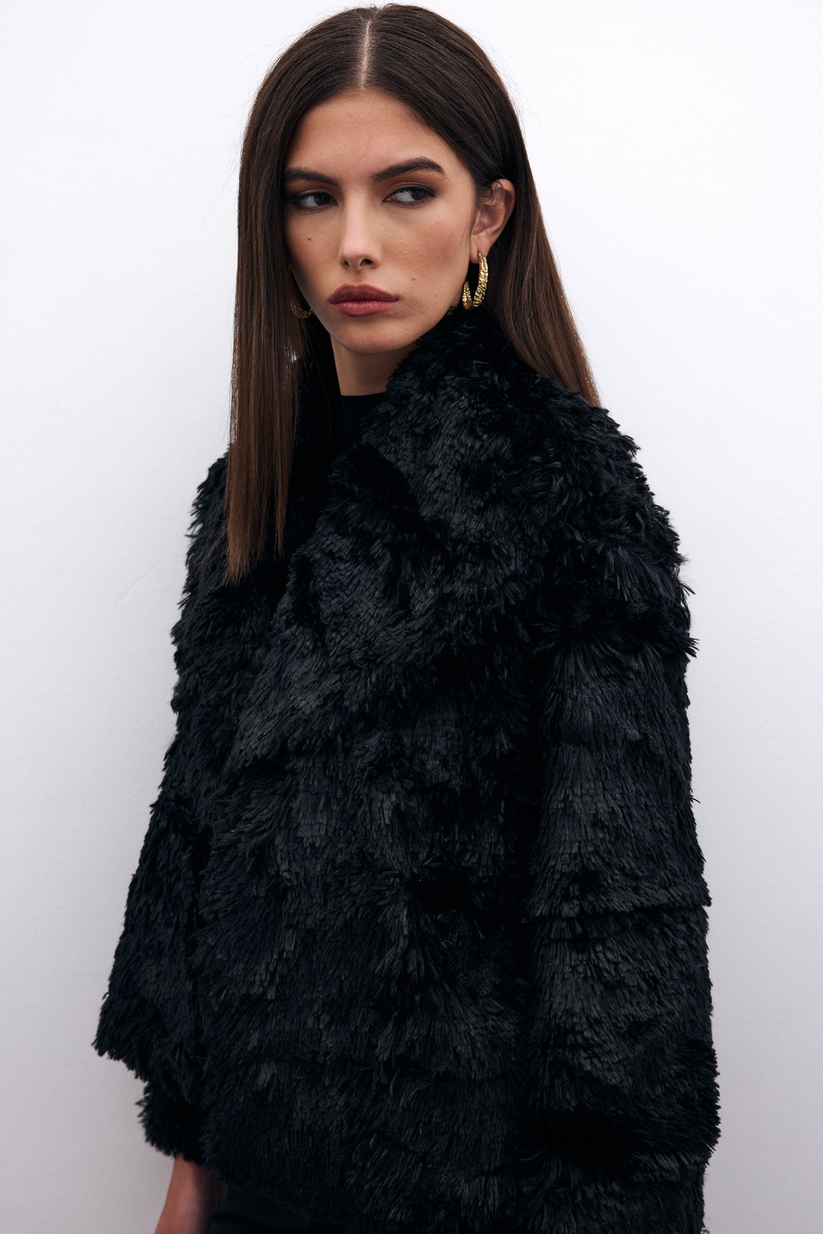 Yakalı Peluş Ceket - Siyah