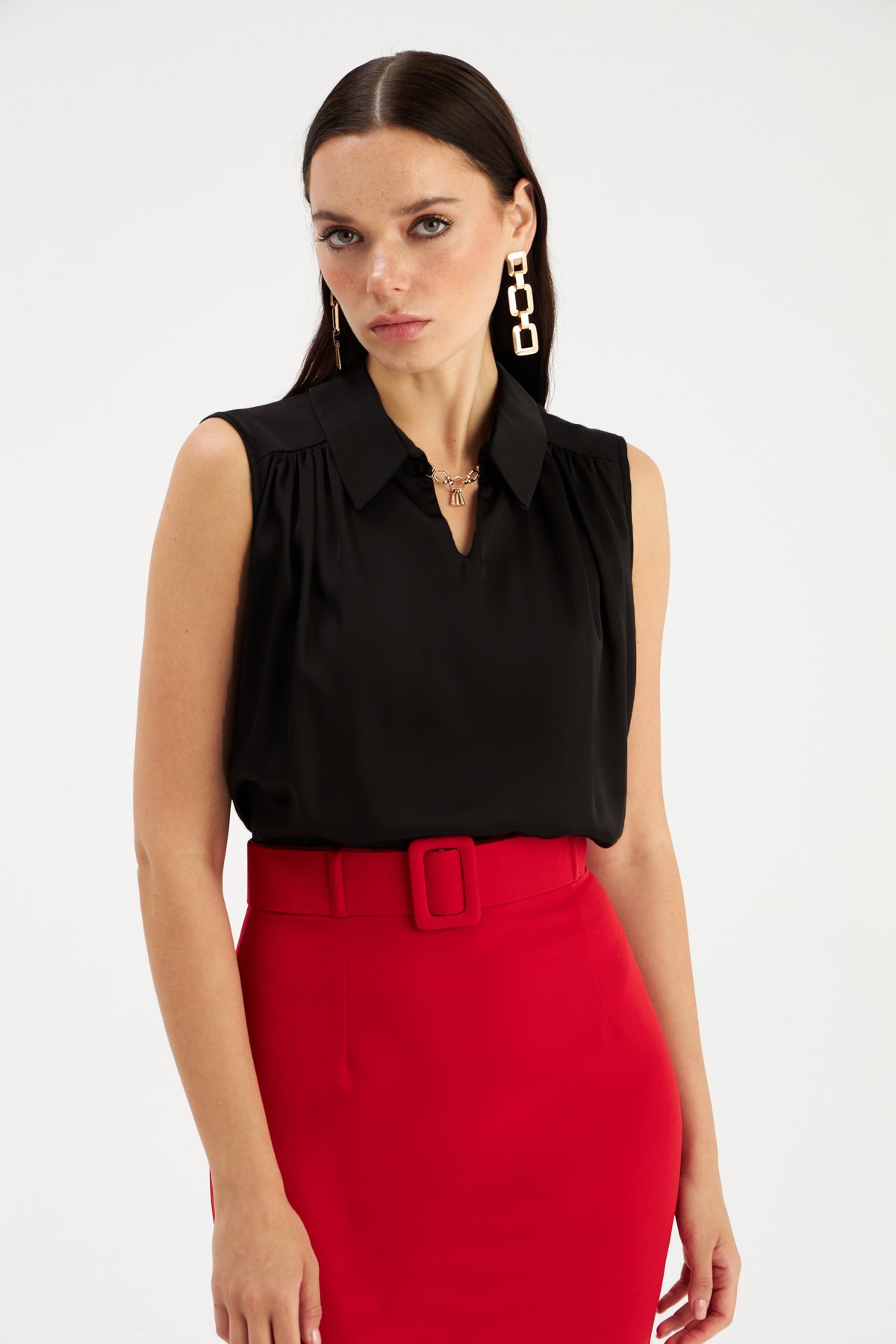 Collar Accessory Detailed Blouse - BLACK