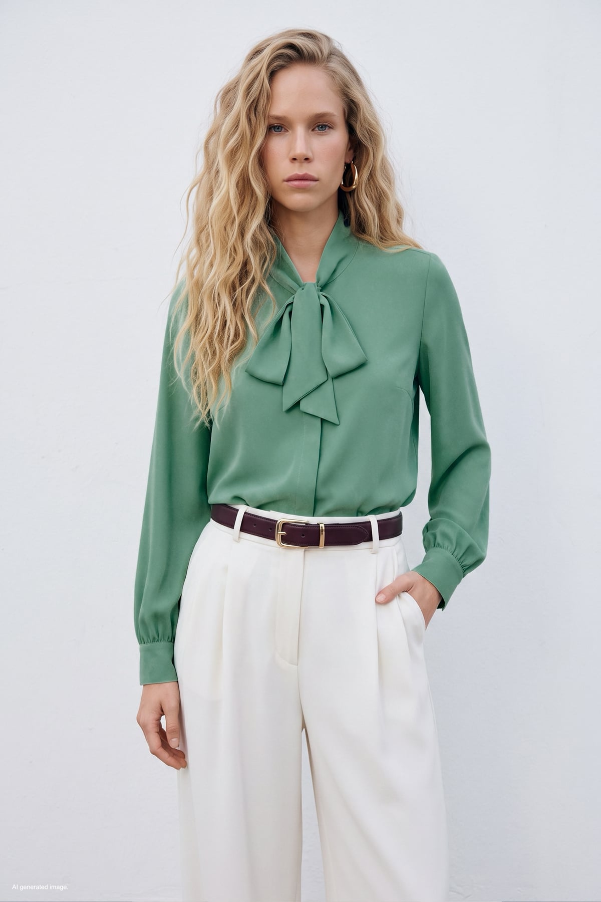 Tie Collar Plain Shirt - Green almond