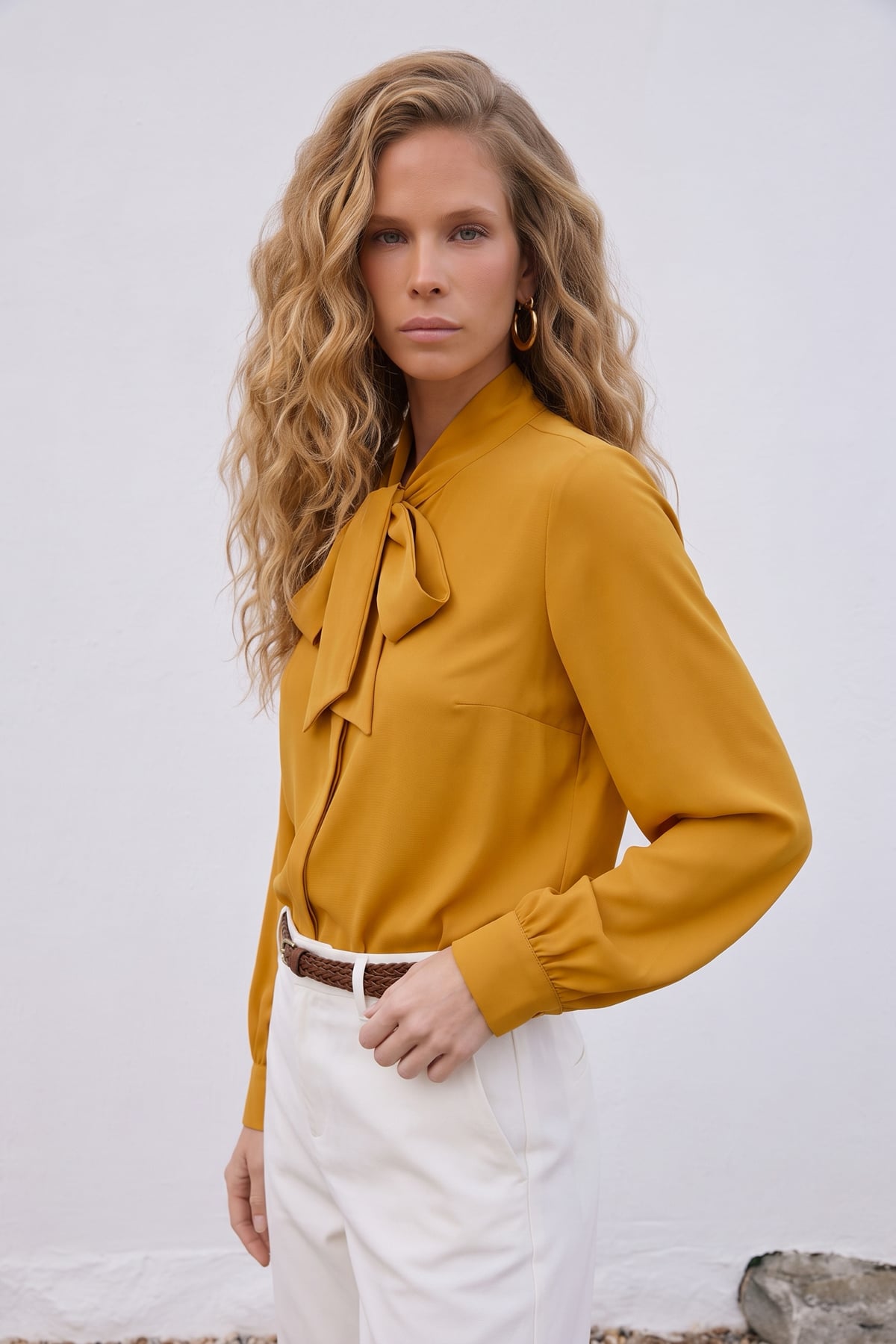 Tie Collar Plain Shirt - Mustard