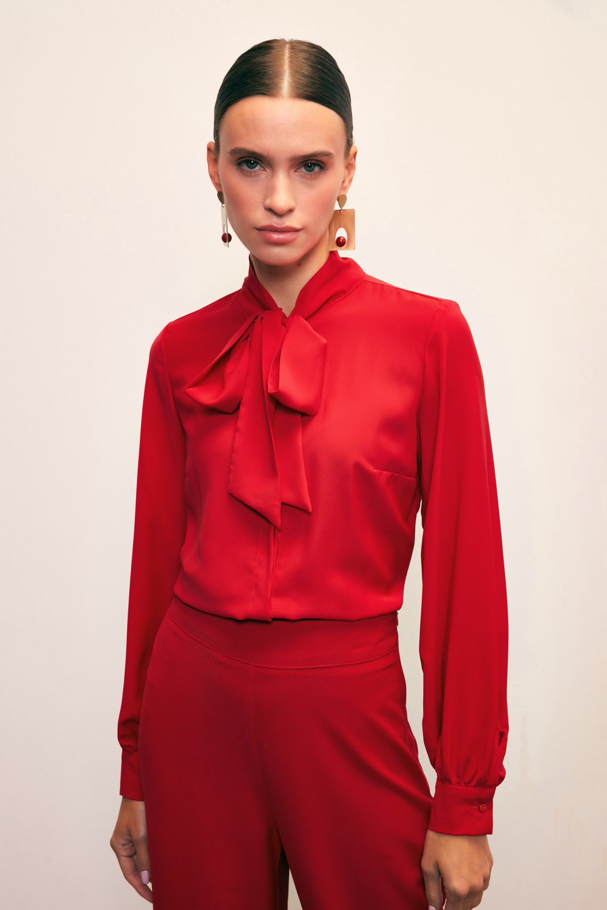 Tie Collar Plain Shirt - RED