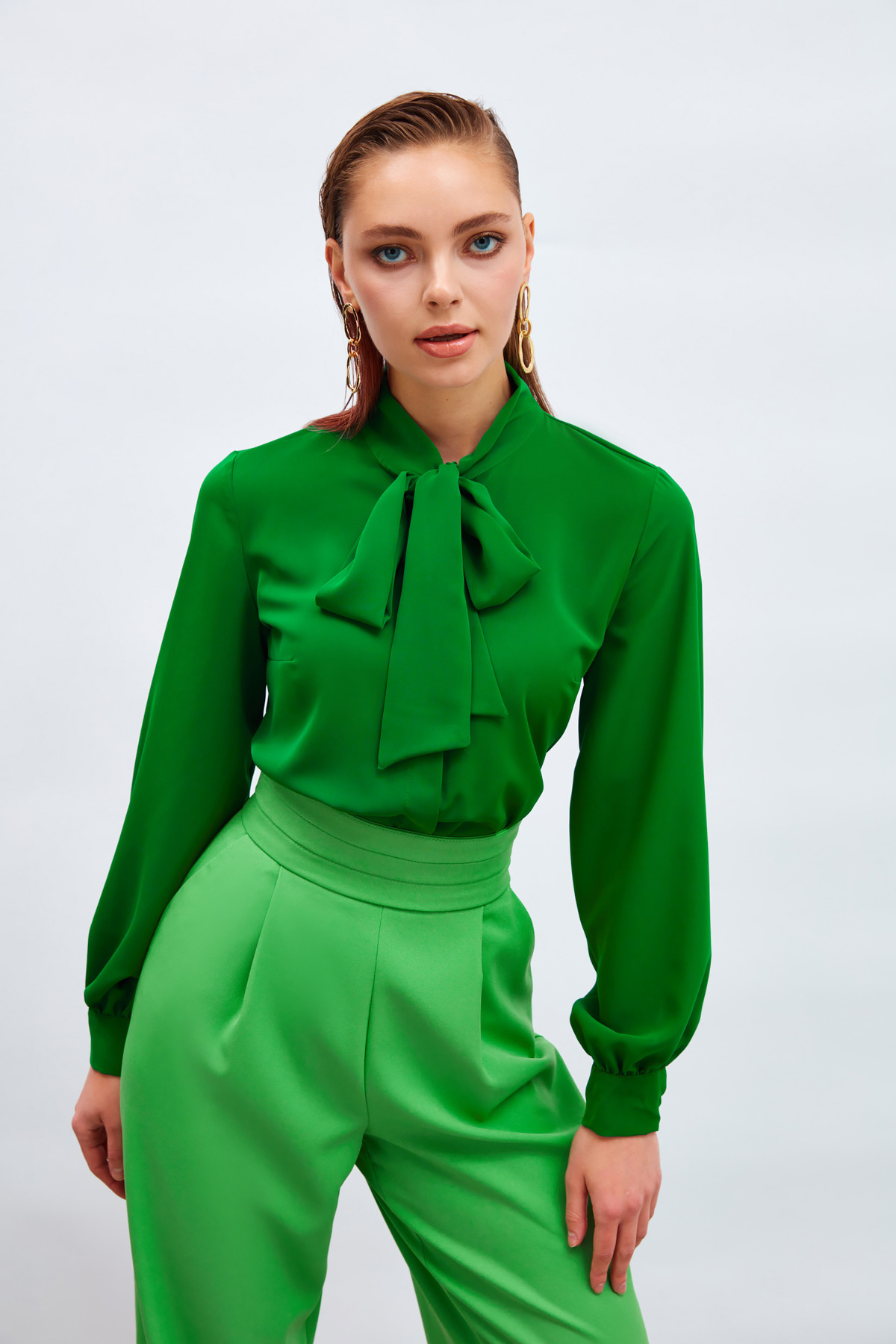 Yakası Bağlamalı Düz Gömlek - KOYU YEŞİL