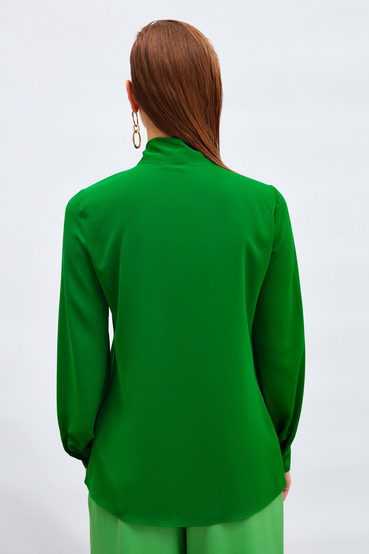 Yakası Bağlamalı Düz Gömlek - KOYU YEŞİL