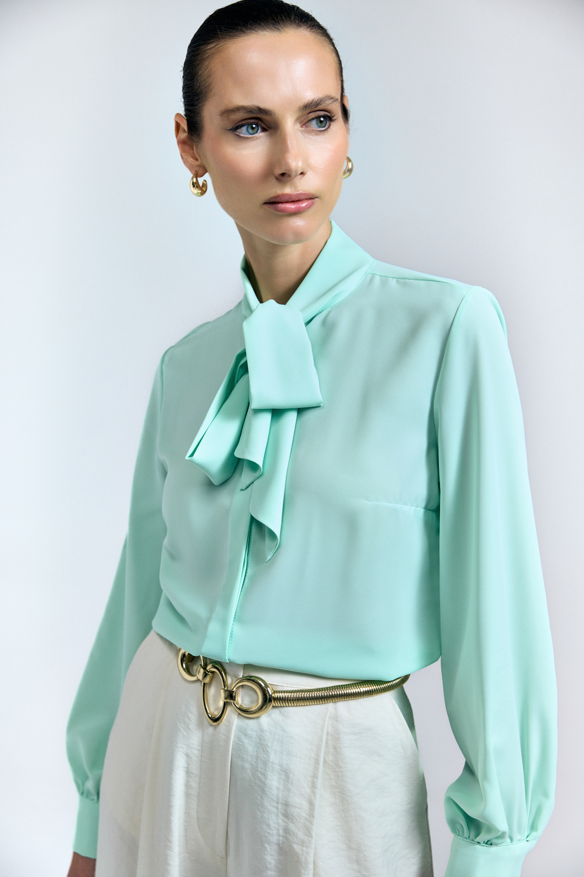 Tie Collar Plain Shirt - Mınt