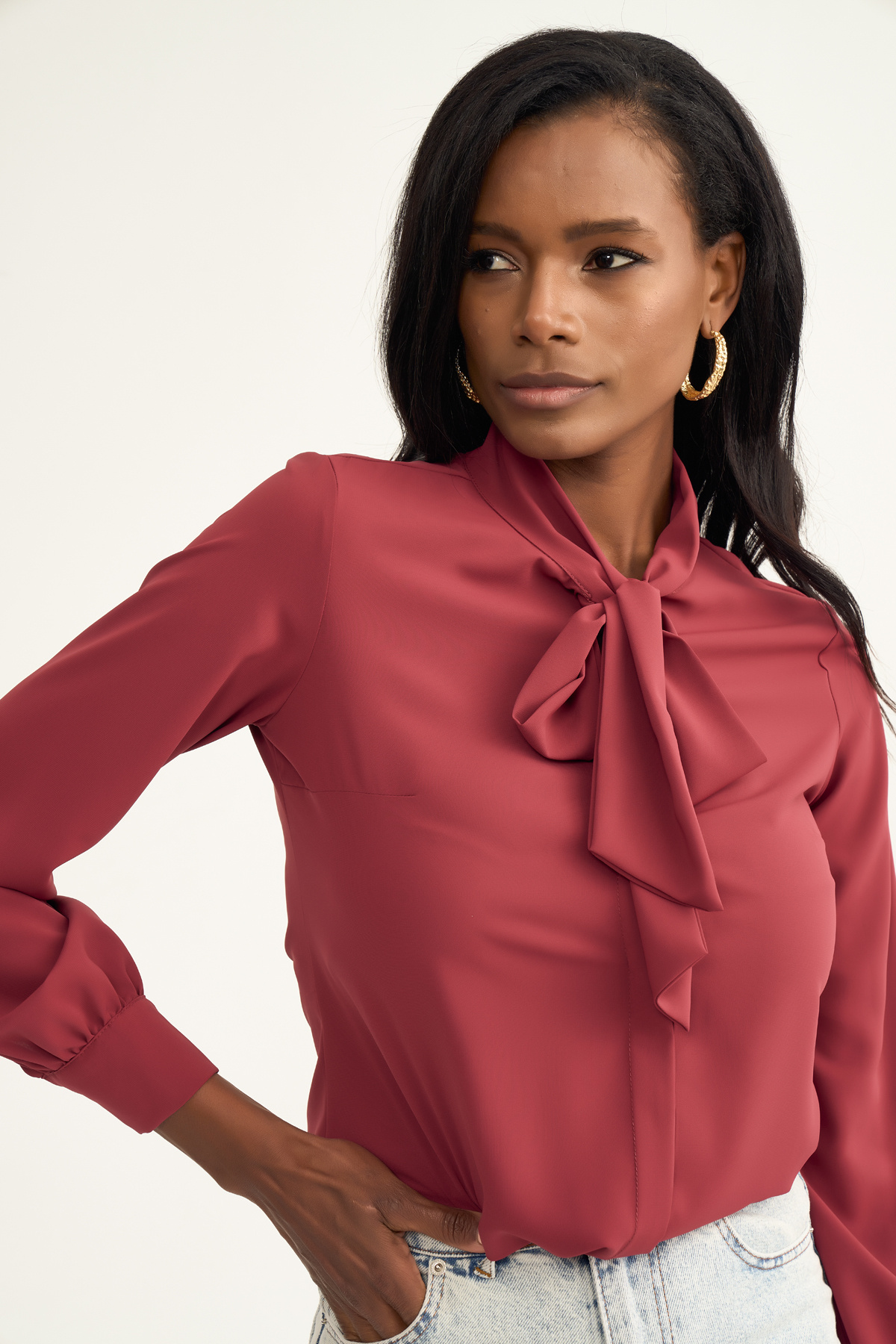 tie-collar shirt - MAROON