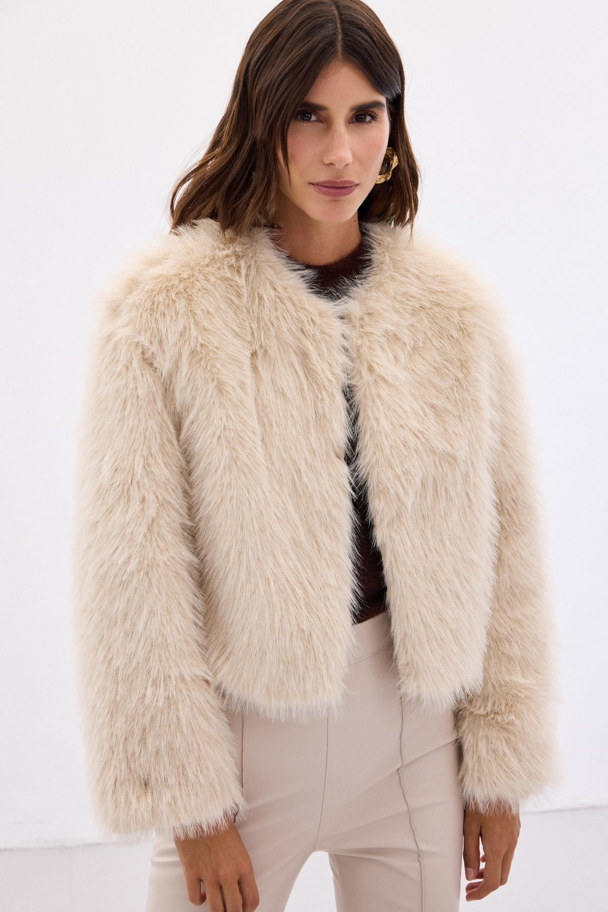 Yakasız Kürk - Bej