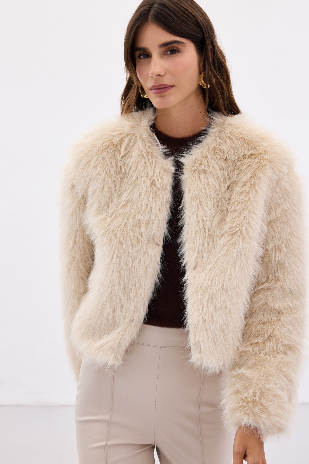 Yakasız Kürk - Bej