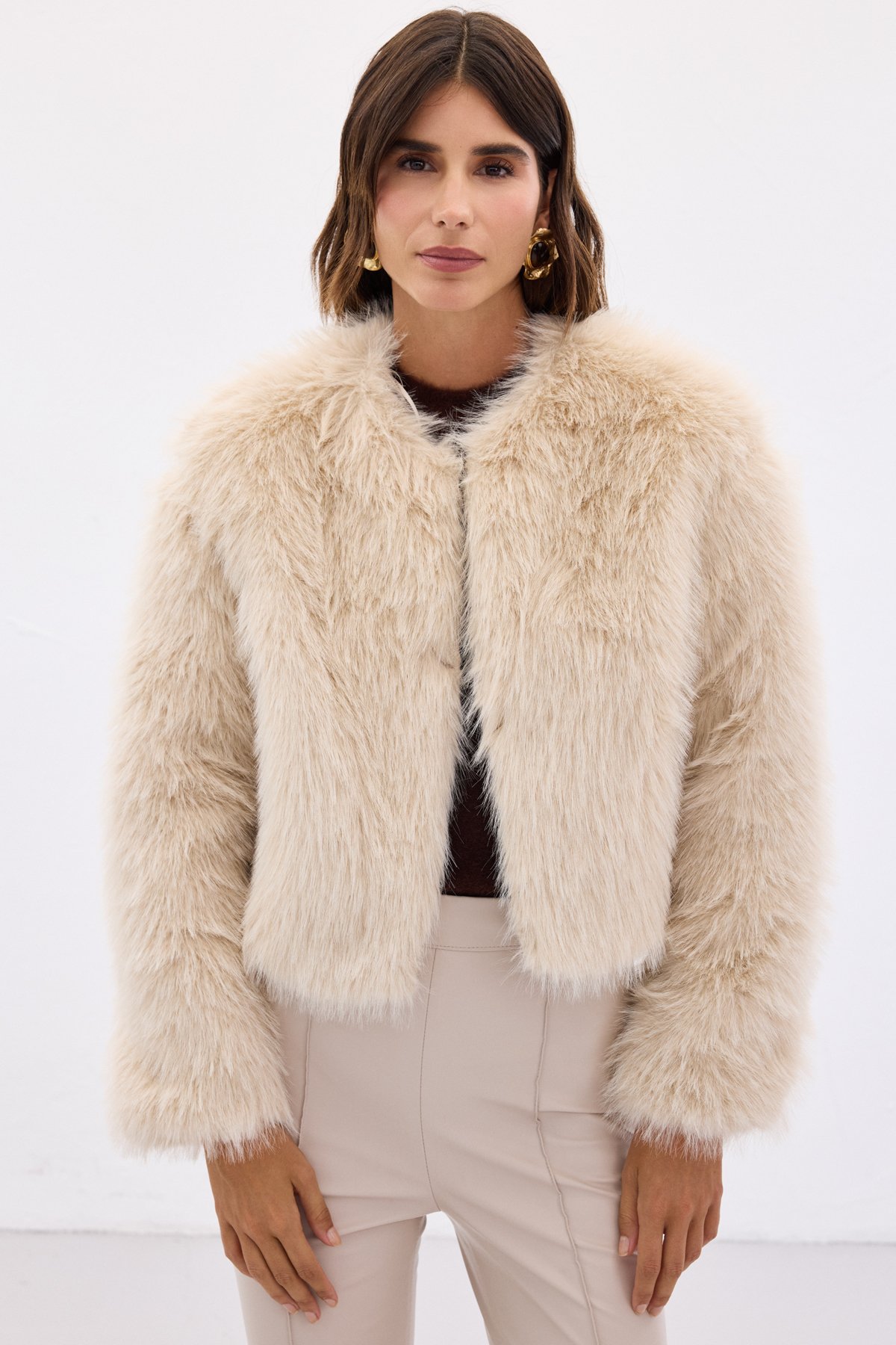 Yakasız Kürk - Bej