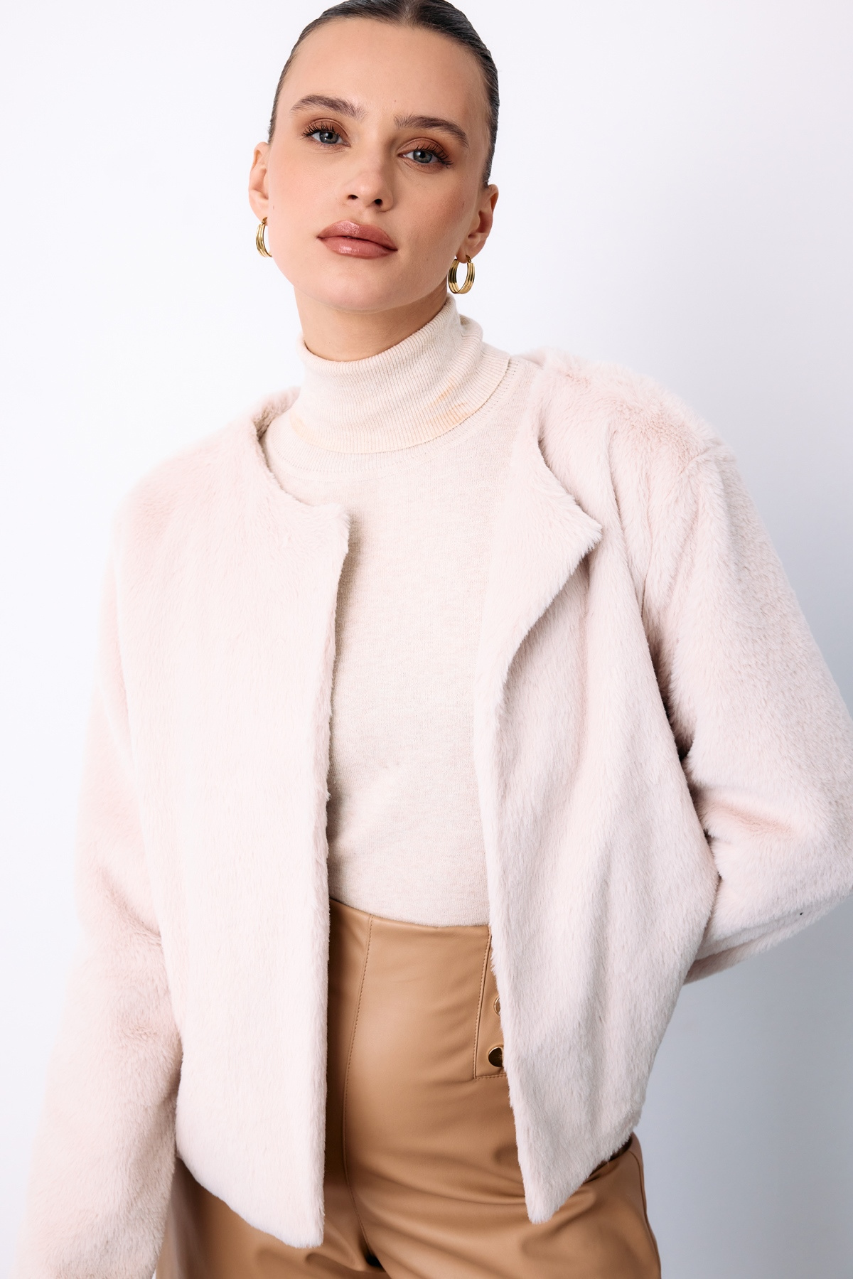 Collarless Plush Jacket - Beıge