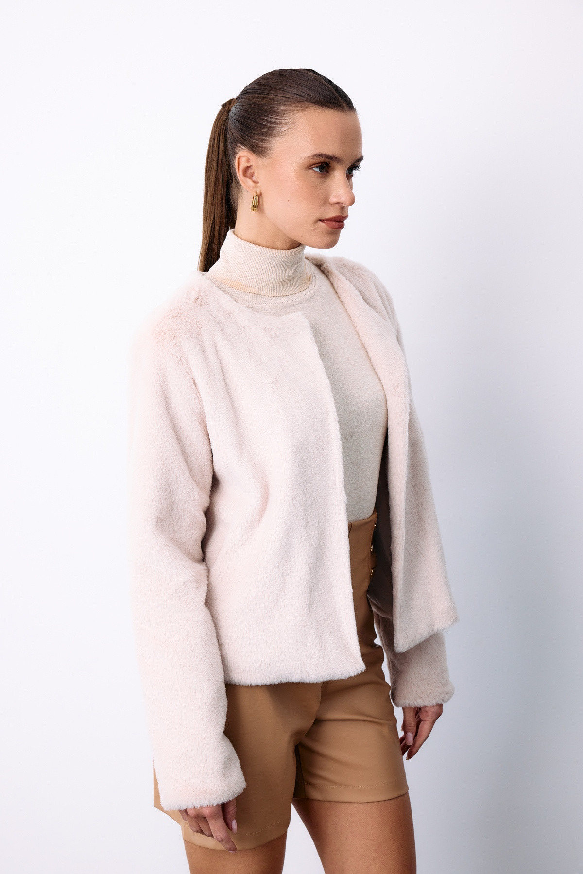 Collarless Plush Jacket - Beıge