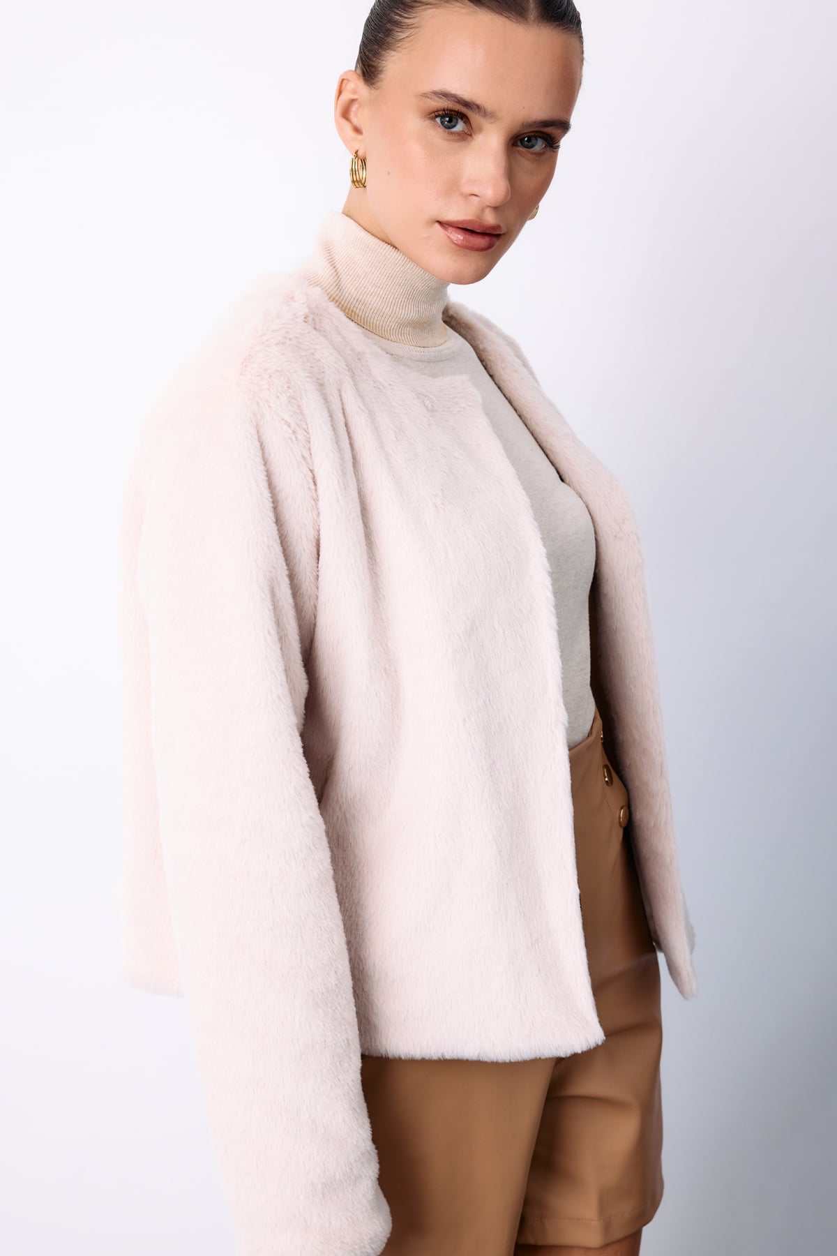 Collarless Plush Jacket - Beıge