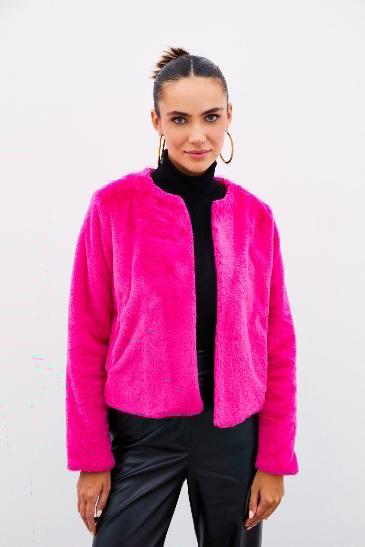 Yakasız Peluş Ceket - FUŞYA