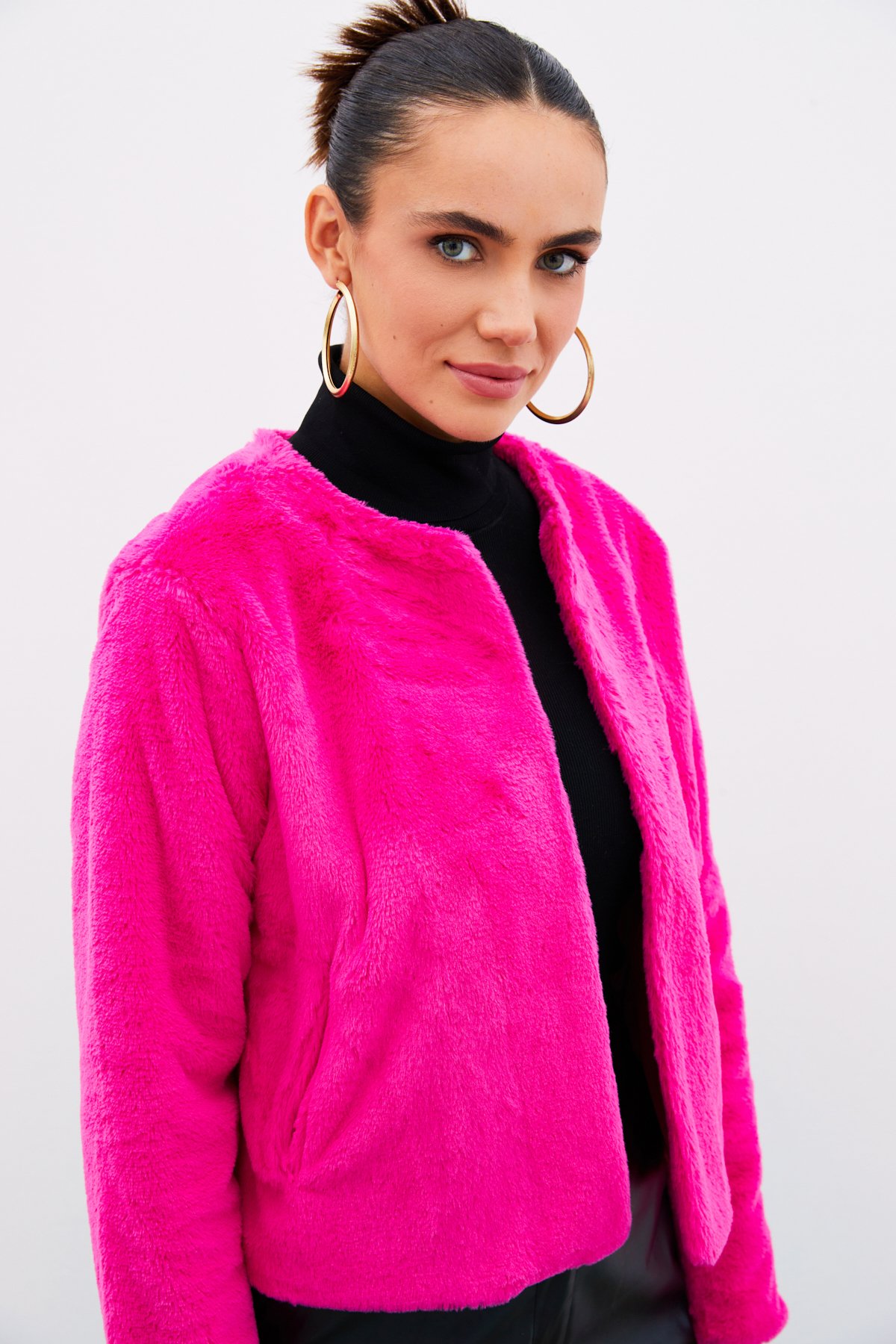 Yakasız Peluş Ceket - FUŞYA