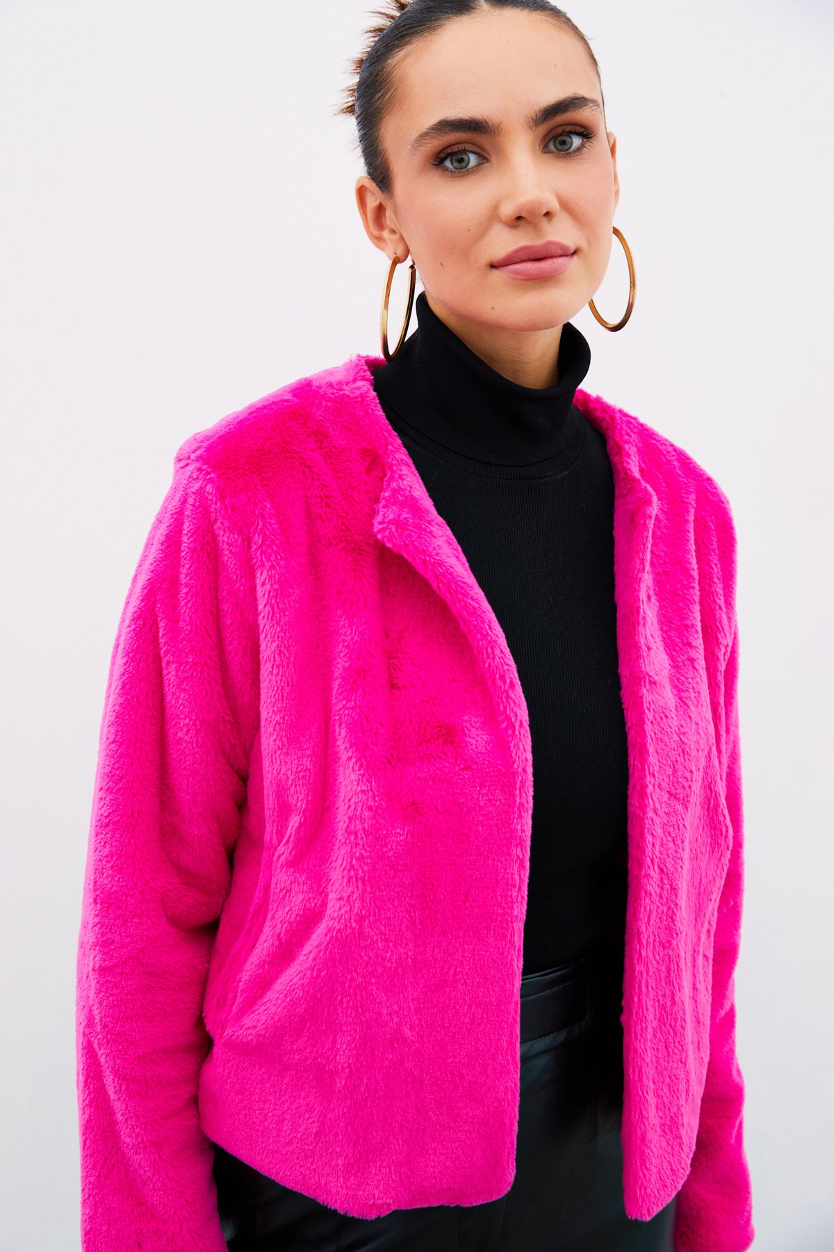 Yakasız Peluş Ceket - FUŞYA