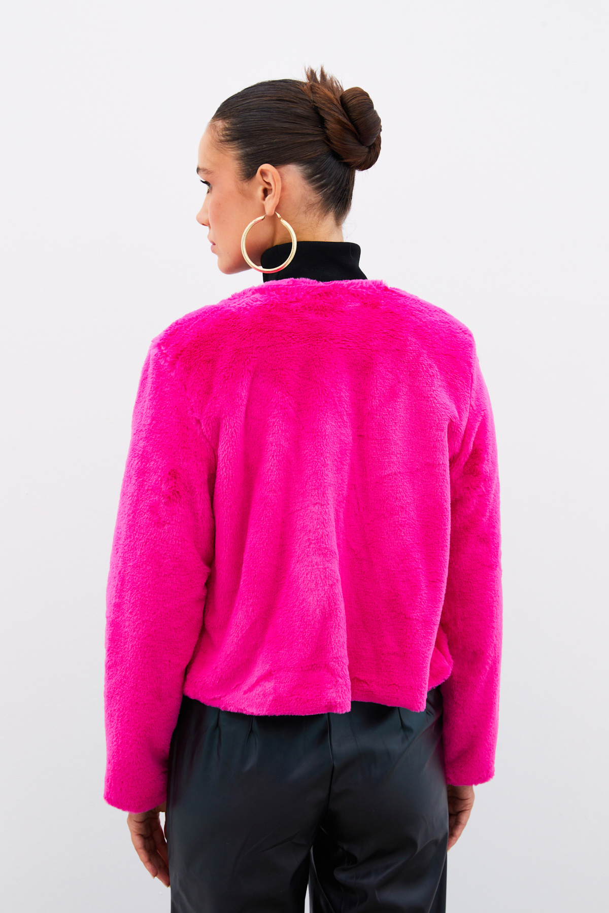 Yakasız Peluş Ceket - FUŞYA