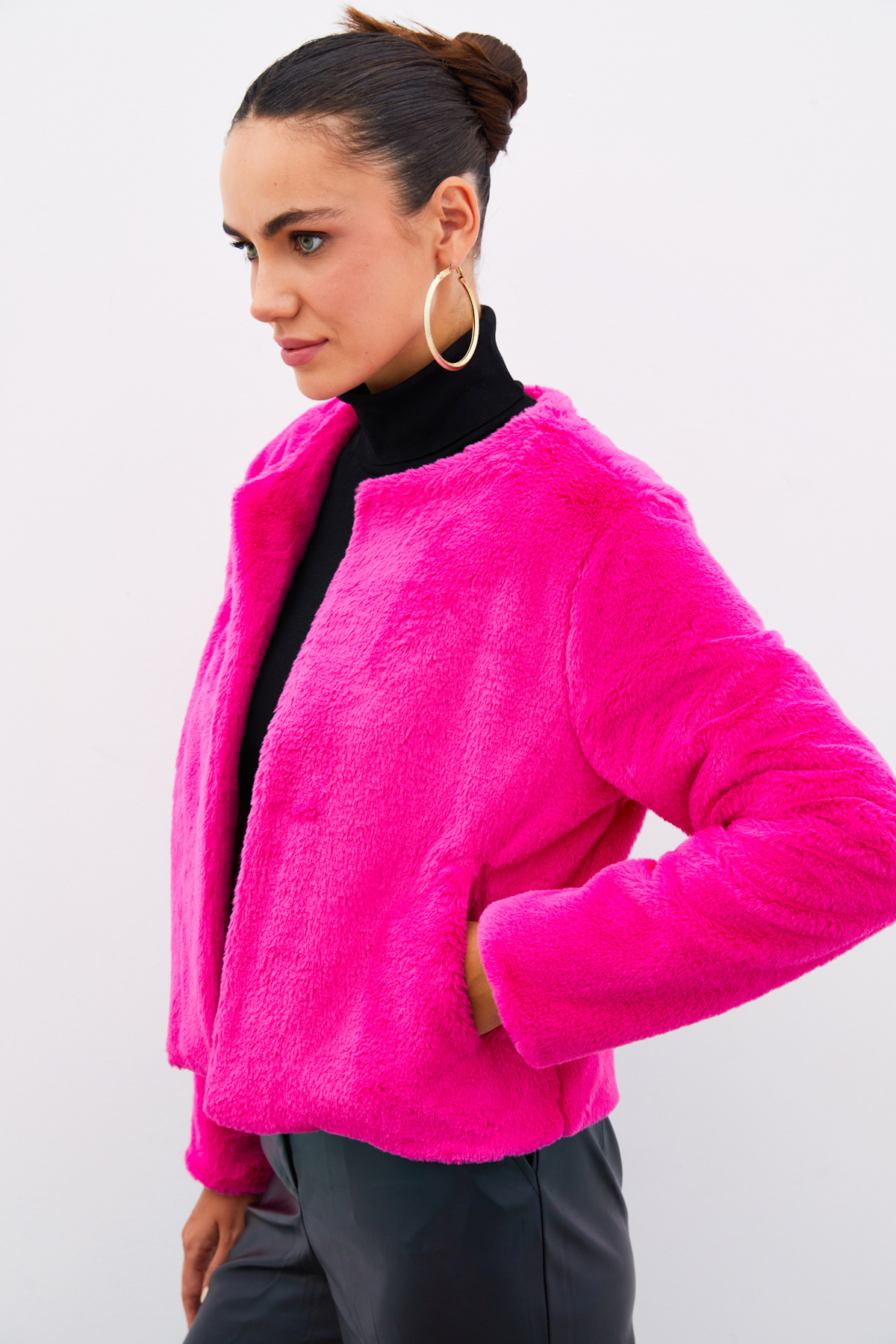 Yakasız Peluş Ceket - FUŞYA