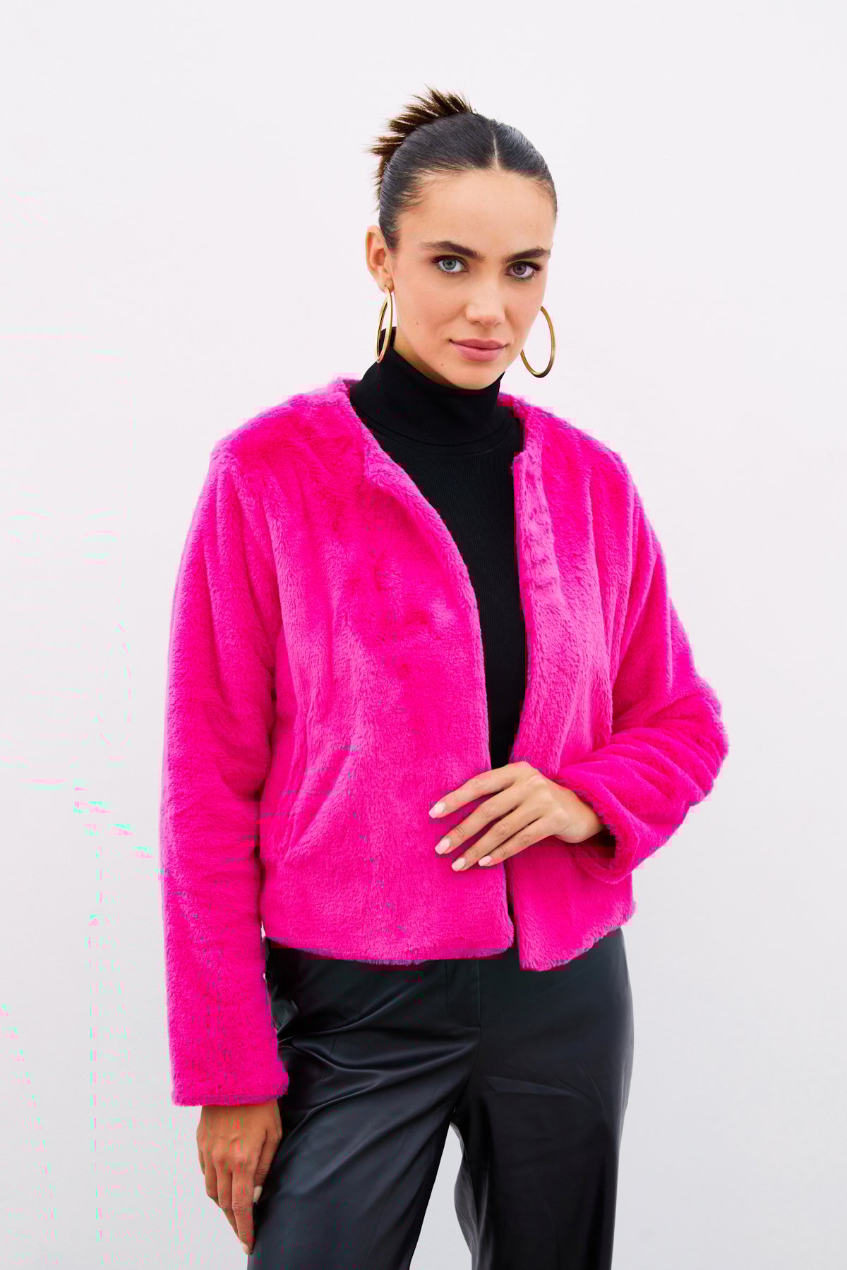 Yakasız Peluş Ceket - FUŞYA