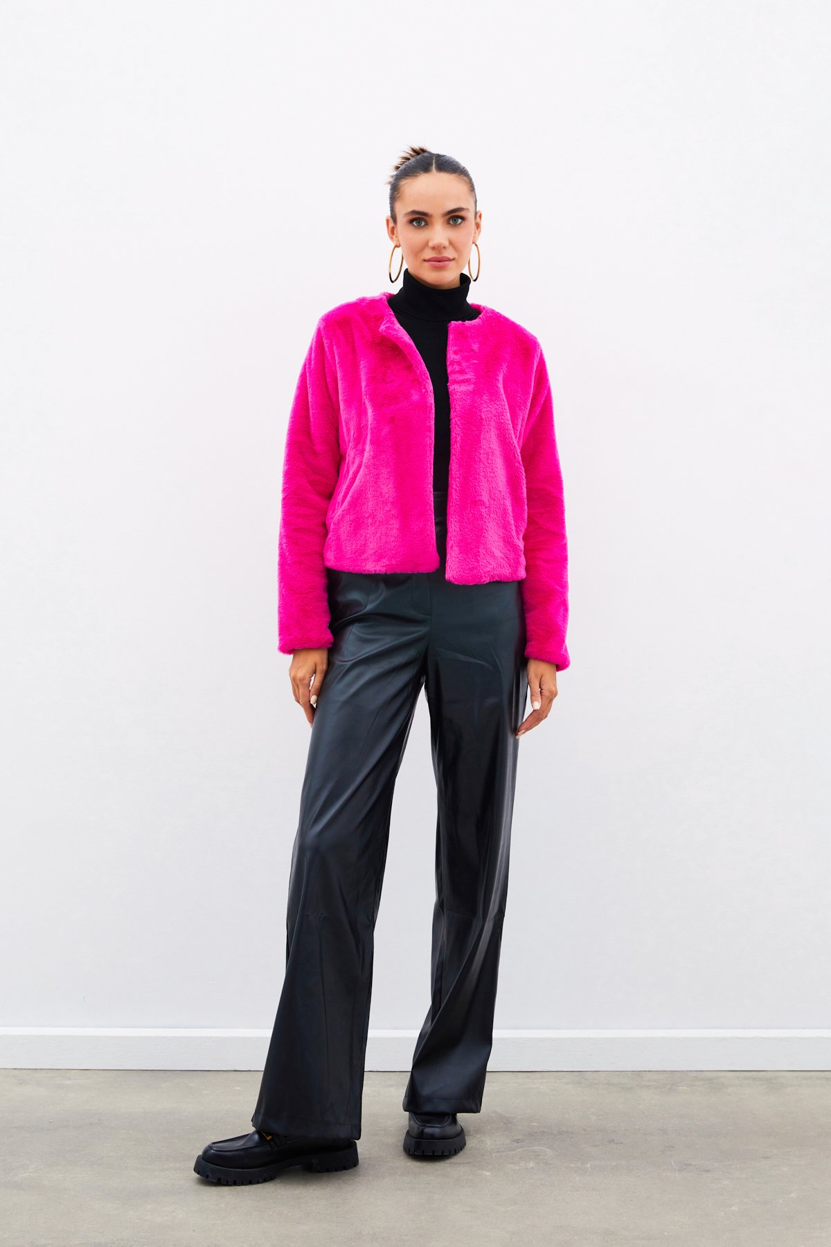 Yakasız Peluş Ceket - FUŞYA