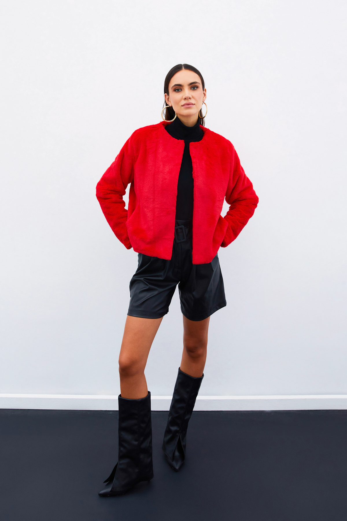 Yakasız Peluş Ceket - KIRMIZI