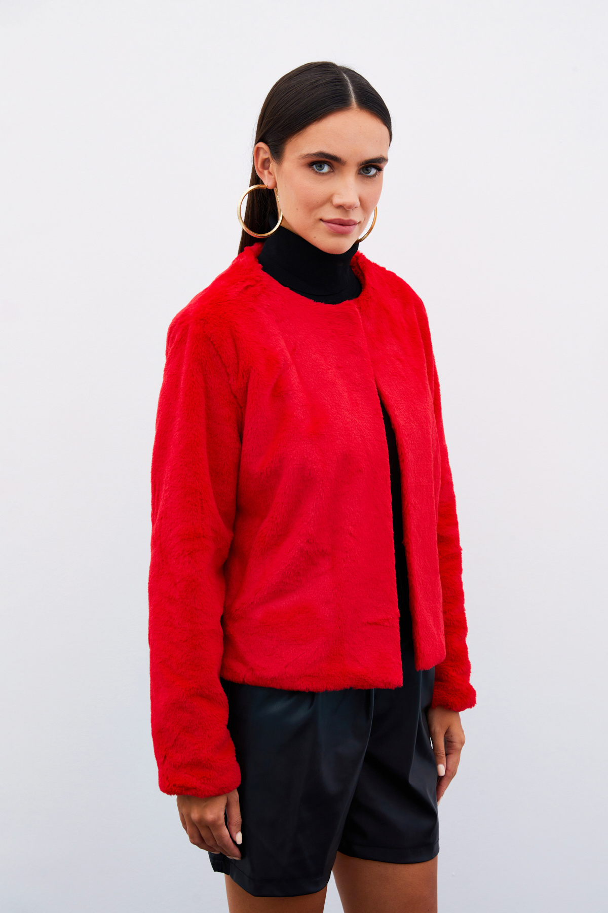 Yakasız Peluş Ceket - KIRMIZI