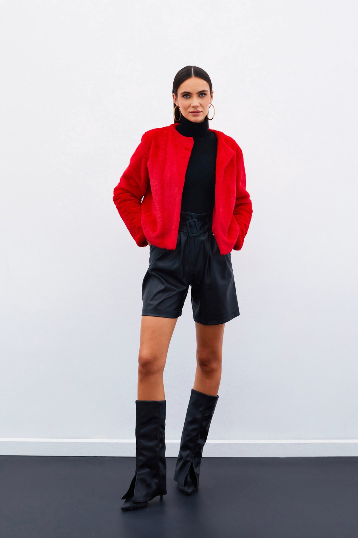 Yakasız Peluş Ceket - KIRMIZI