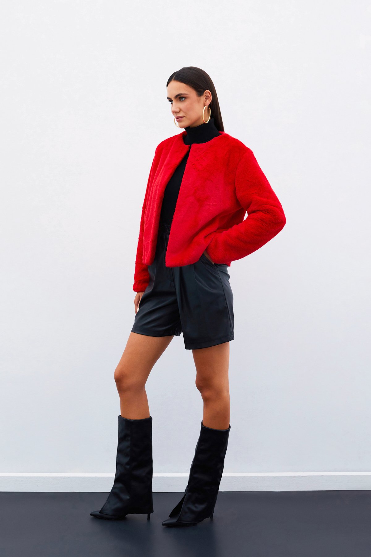 Yakasız Peluş Ceket - KIRMIZI