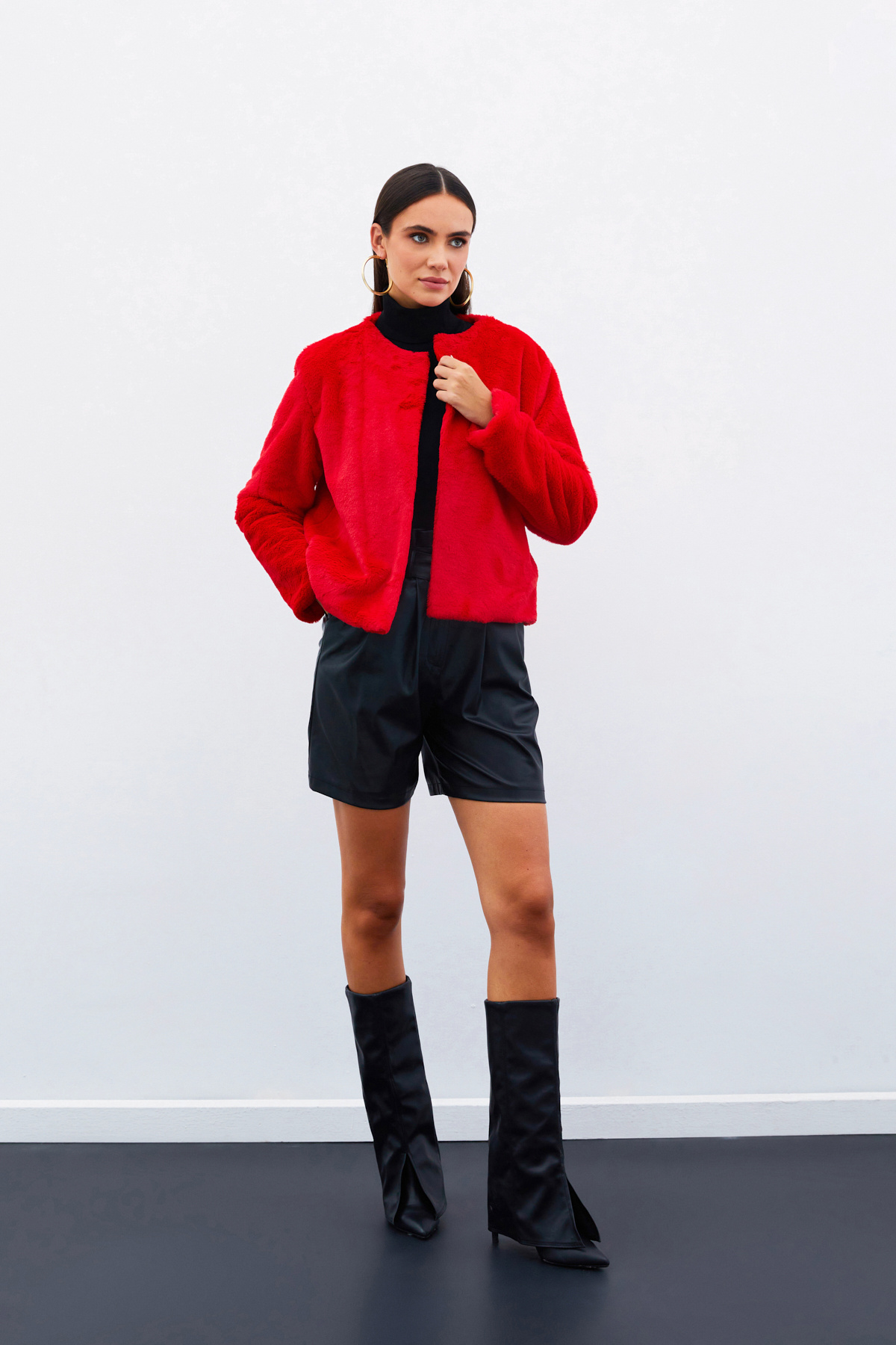 Yakasız Peluş Ceket - KIRMIZI
