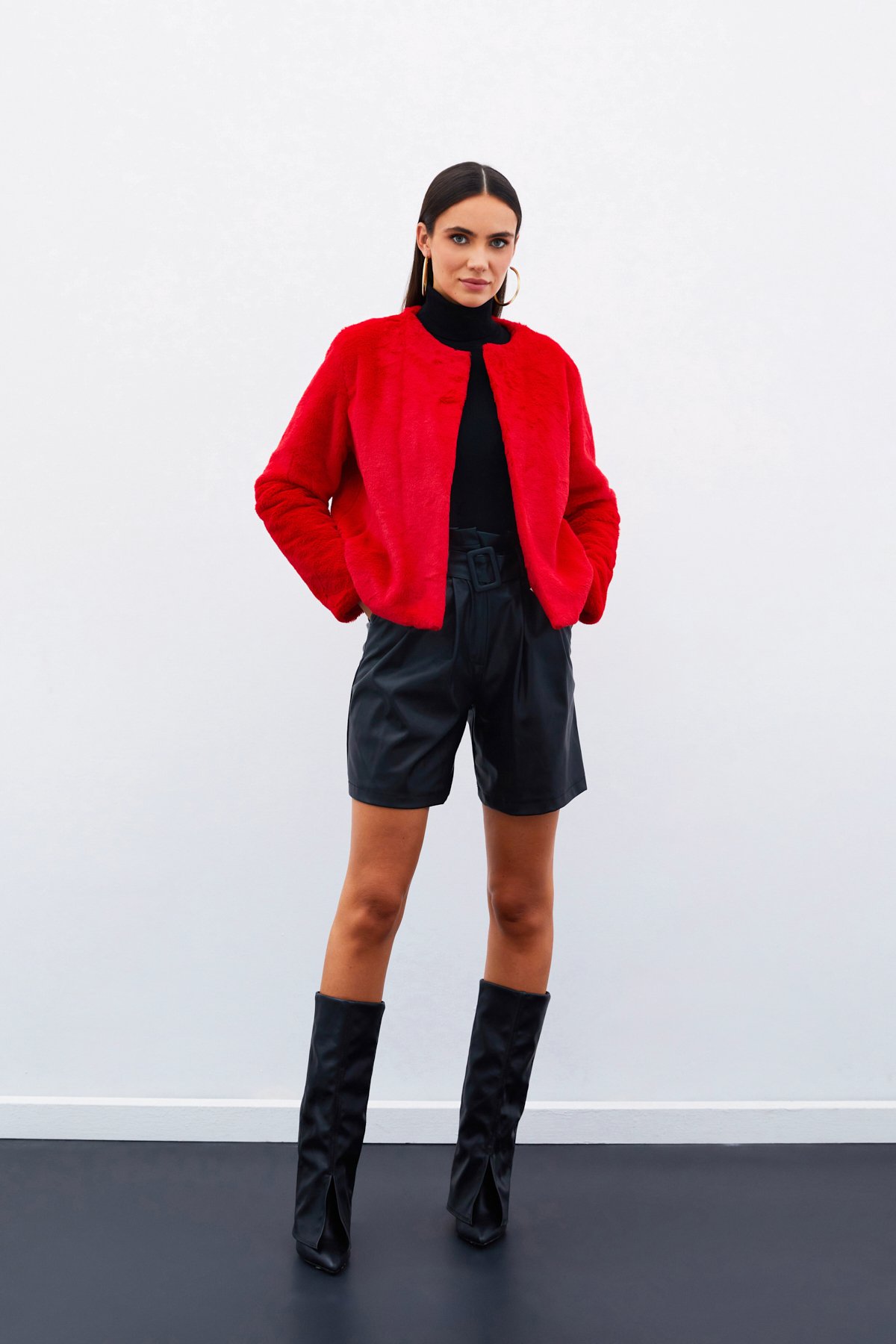 Yakasız Peluş Ceket - KIRMIZI