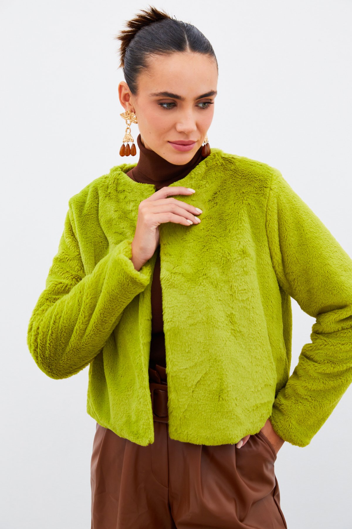 Yakasız Peluş Ceket - YEŞİL