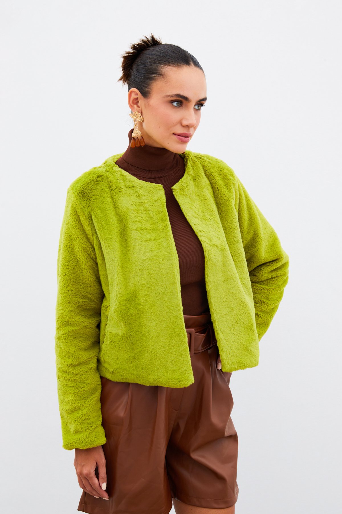 Yakasız Peluş Ceket - YEŞİL